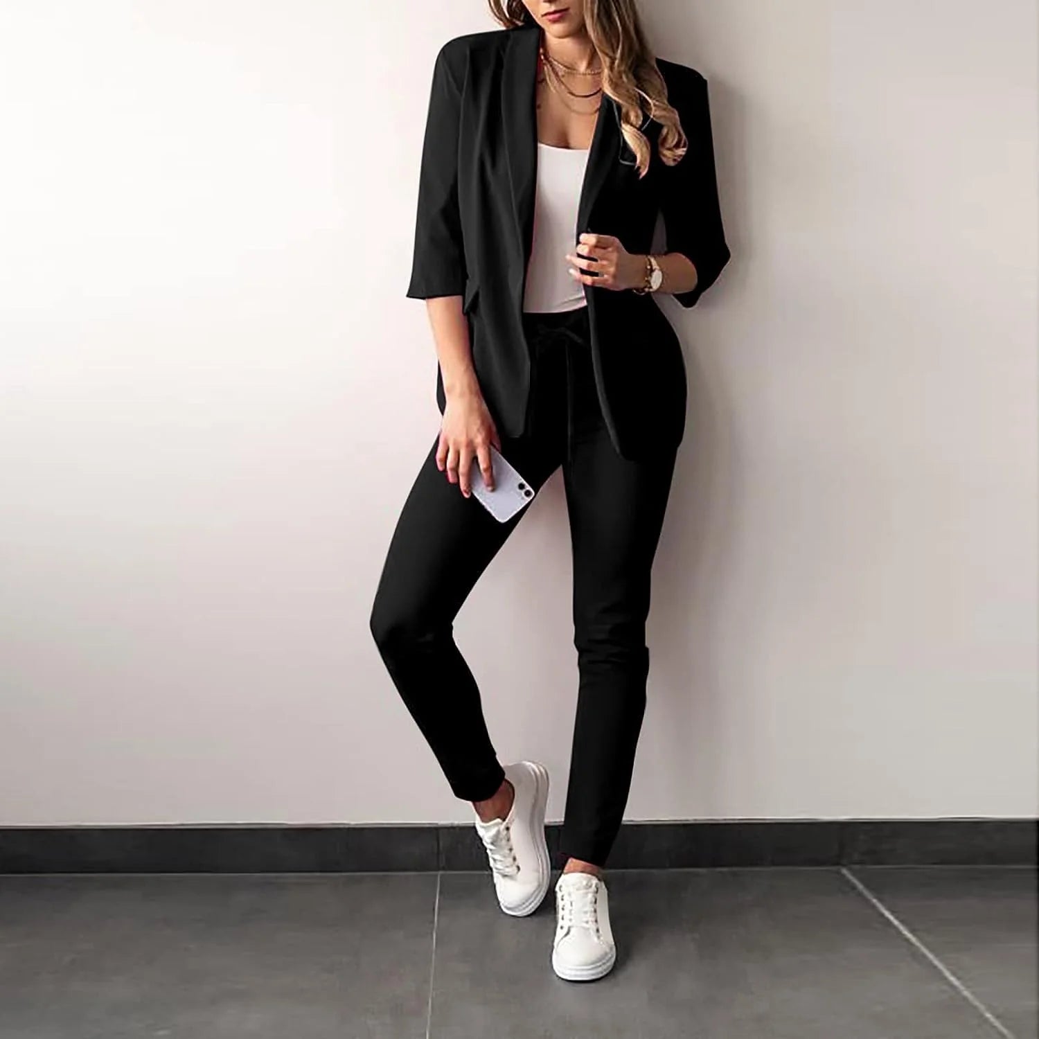 Women’S Pantsuit – Tailored Blazer with 3/4 Sleeves – Slim Fit Trousers – Office Wear