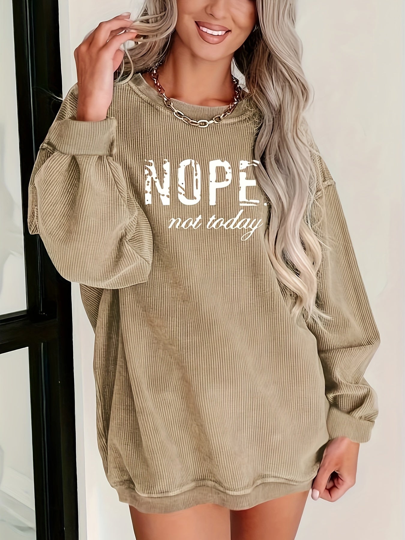 Women'S Casual Crew Neck Long Sleeve Top with "NOPE not today" Print, 100% Polyester, Woven Fabric, 210g/m², All-Season Comfort Fit