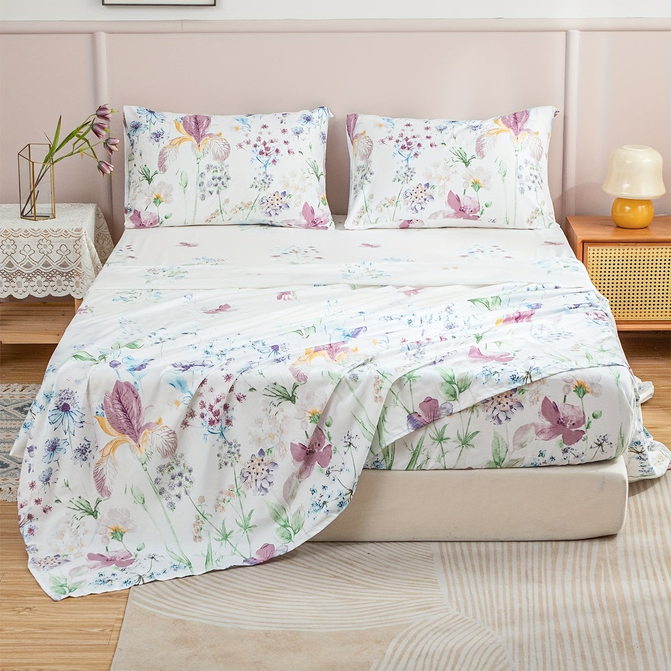 4pcs Flower Printed Fitted Sheet Set, Bedding Set For Bedroom Guest Room Hotel ( 1*Flat Sheet + 1*Fitted Sheet + 2*pillowcase, Without Core)