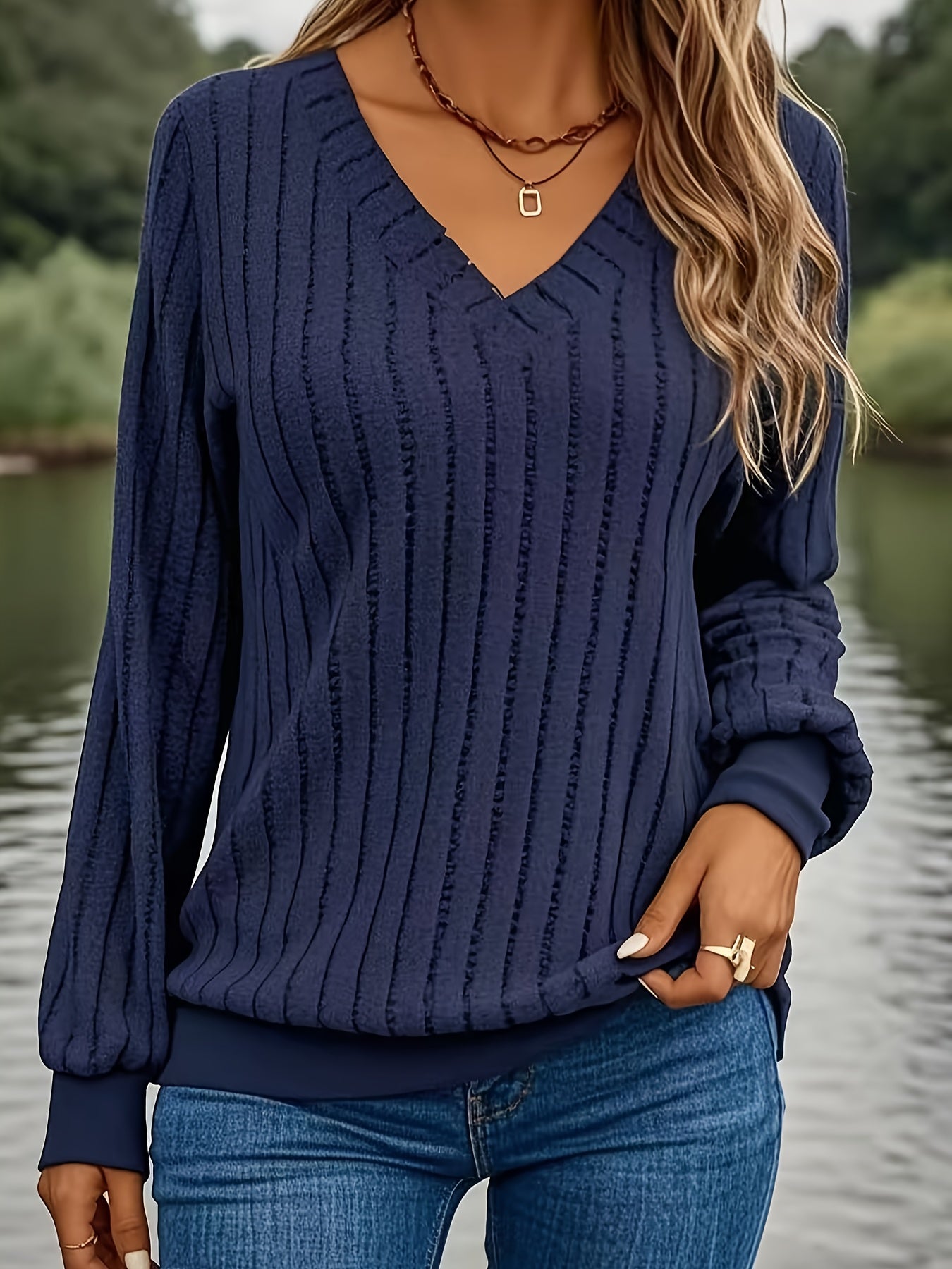Women'S Cozy V-Neck Long Sleeve Sweater - Olive Green Ribbed, Loose Fit, Casual Style, Perfect for Fall/Winter, Casual Winter Wear|Vneck Sweater|Ribbed Texture