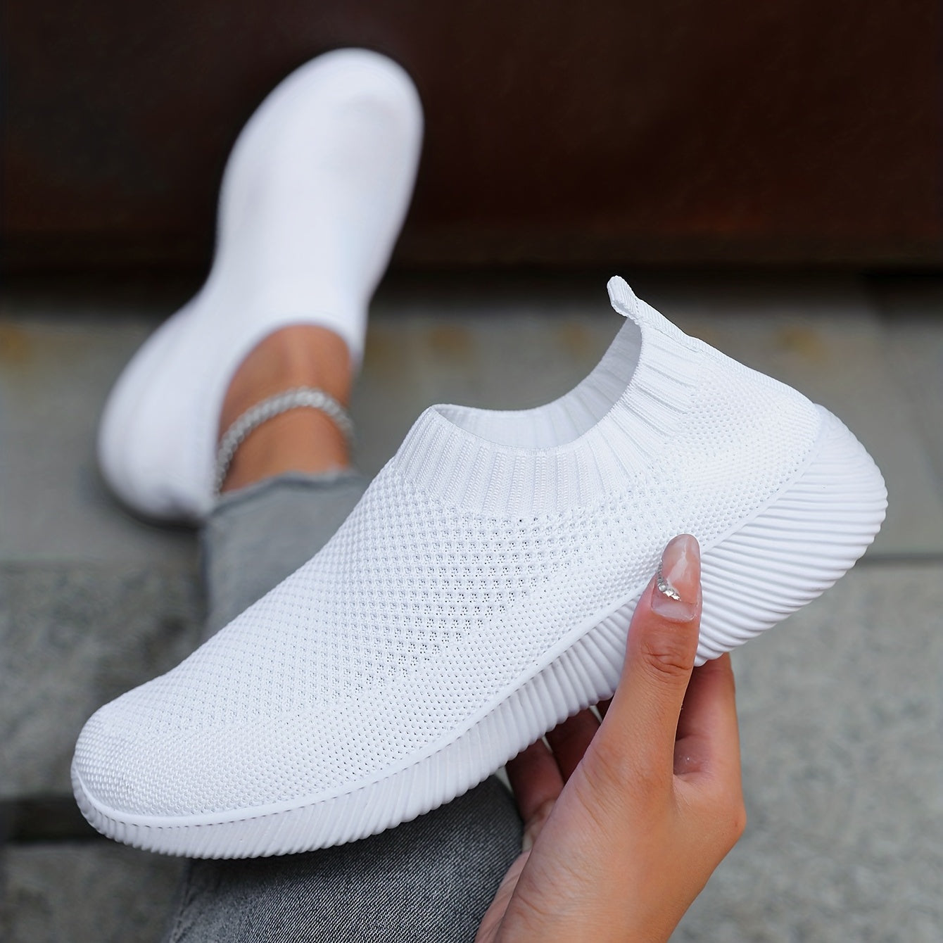 Women's Solid Color Flying Woven Sneakers, Casual & Breathable Slip On Outdoor Shoes, Lightweight Low Top Running Shoes plus size