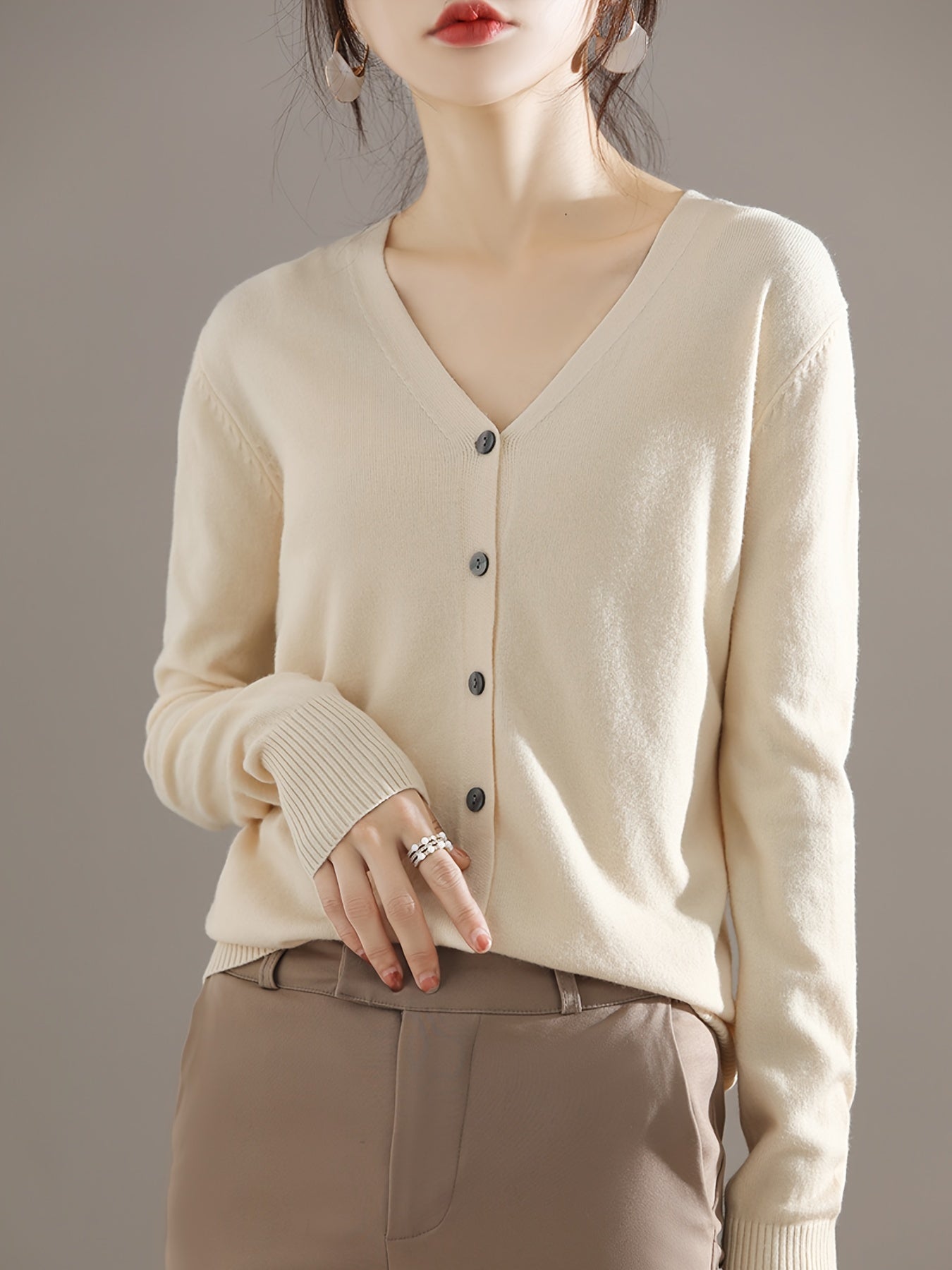 Elegant V-neck Solid Cardigan, Long Sleeve Cardigan For Spring & Fall, Women's Clothing