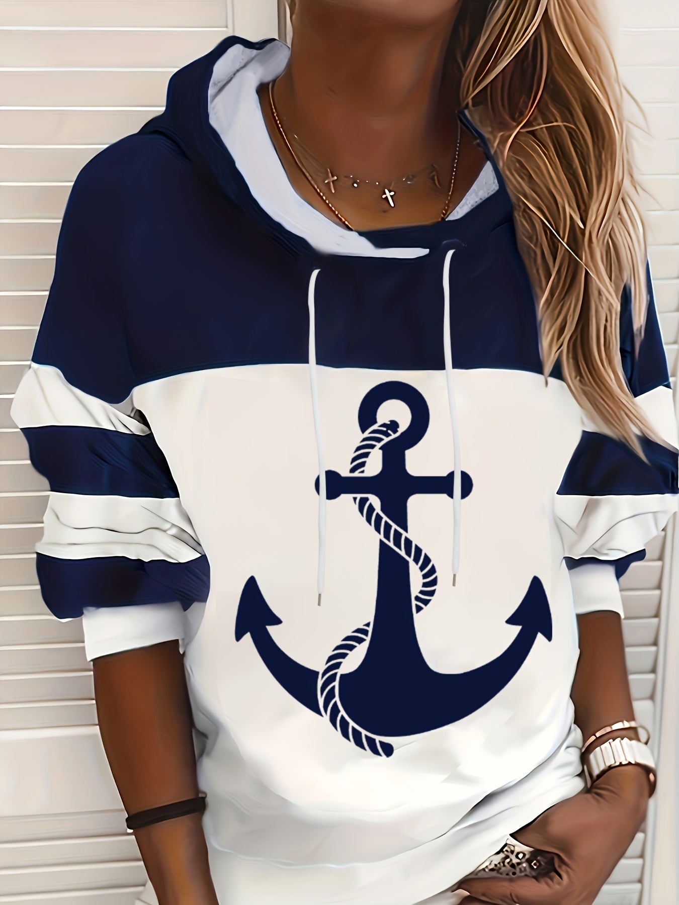 Plus Size - Women'S Navy Blue & White Striped Hoodie with Anchor Print - Casual Round Neck Jogger Sweatshirt, Comfortable Loose Fit for Spring & Fall, Pullover|Striped Pattern Top|Comfortable Fit