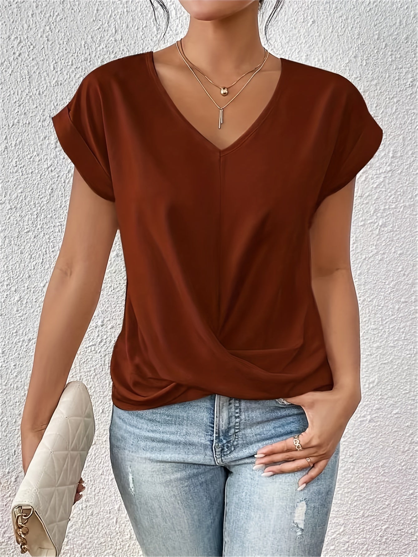 Women'S Sweetheart Neckline Short Sleeve T-Shirt - Solid Color, Regular Length, Summer Casual Top with Cross-Back Straps, Sweetheart Necklace