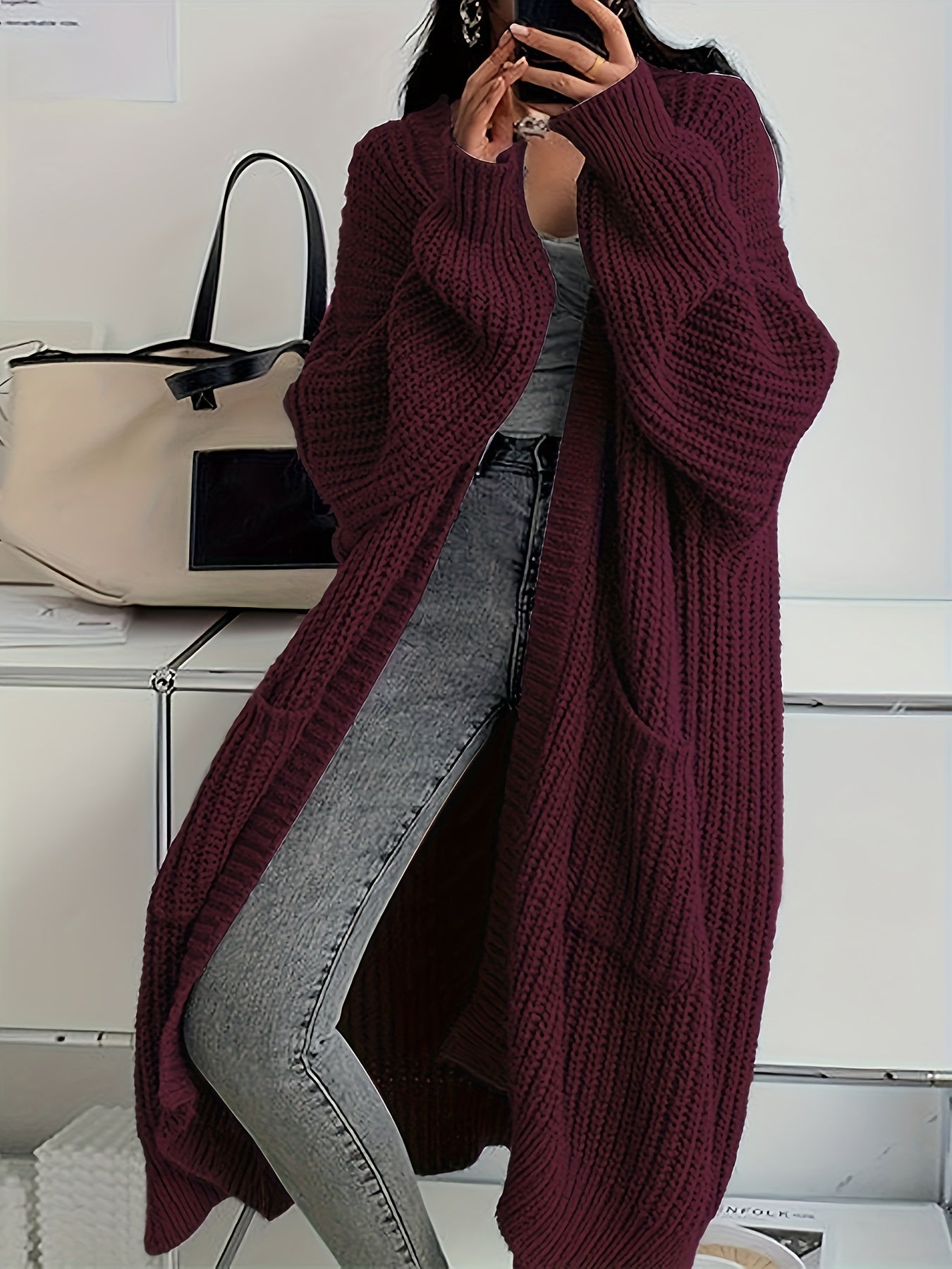 Women'S Y2K Cardigan - Long Flowy Open Front Sweater with Pockets, All-Season Layering Piece for Casual & Formal Outfits, Solid Color No-Belt Design, Cardigan Sweater, Versatile Outfit Addition, Openfront Design, Durable Knitwear, Soft Texture