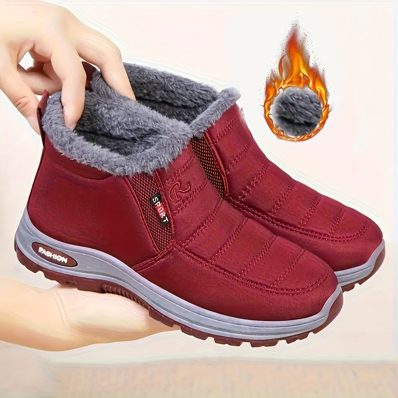 Ultra-Warm Winter Boots - Thick-Soled Boots with Insulation, Low Round Toe Design, Solid Color Minimalist Style for Outdoor Hiking. Synthetic Upper, PVC Sole, Fabric Lining, Hiking Boot Style