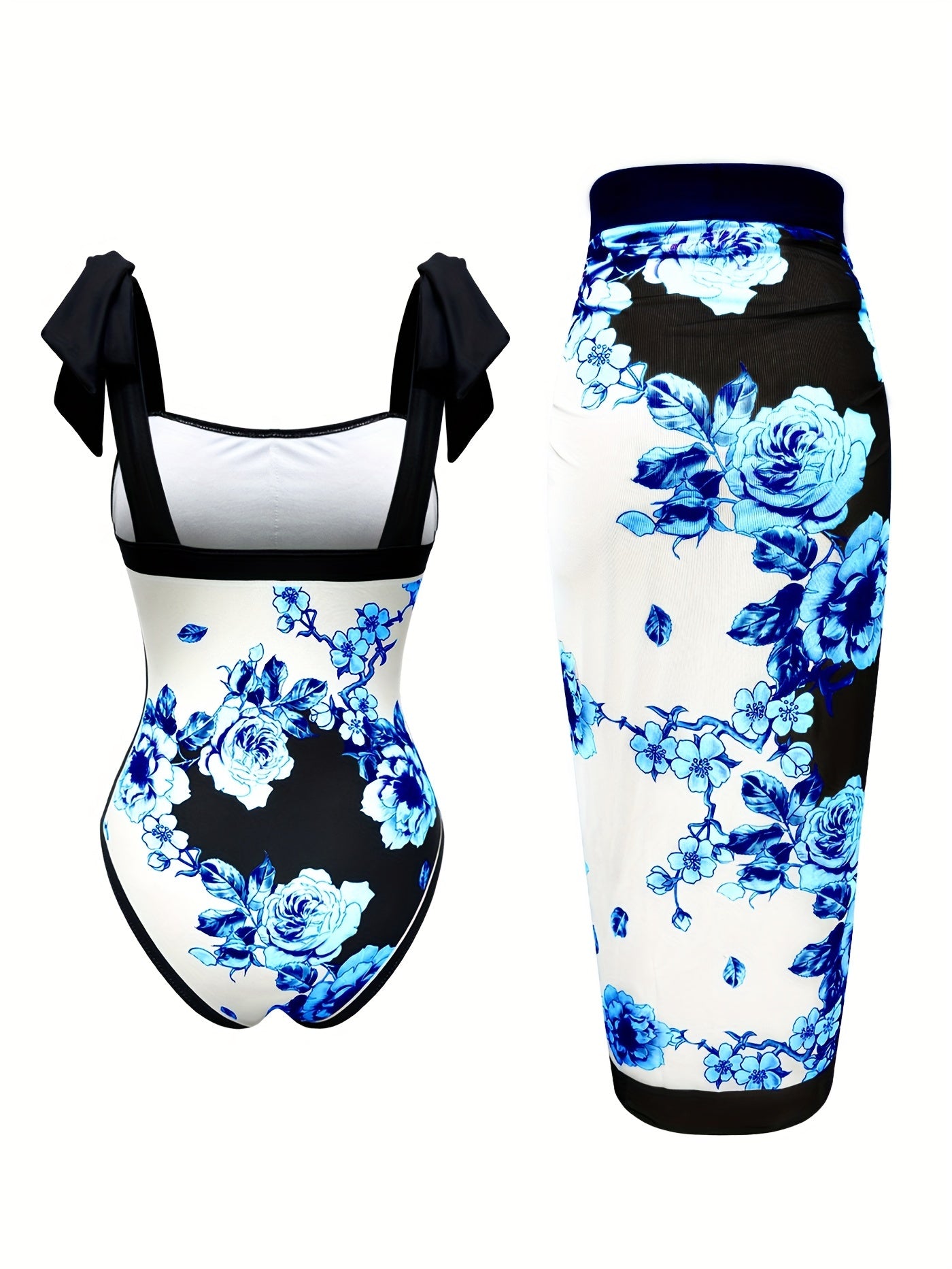 Elegant Floral Print Swimsuit Set - Two-Piece, High-Stretch Fabric, Square Neck, Bow Detail, All-Season Beachwear, UFJUFJ, Beach Swimsuit|Floral Swimsuit|Stretchy Fabric