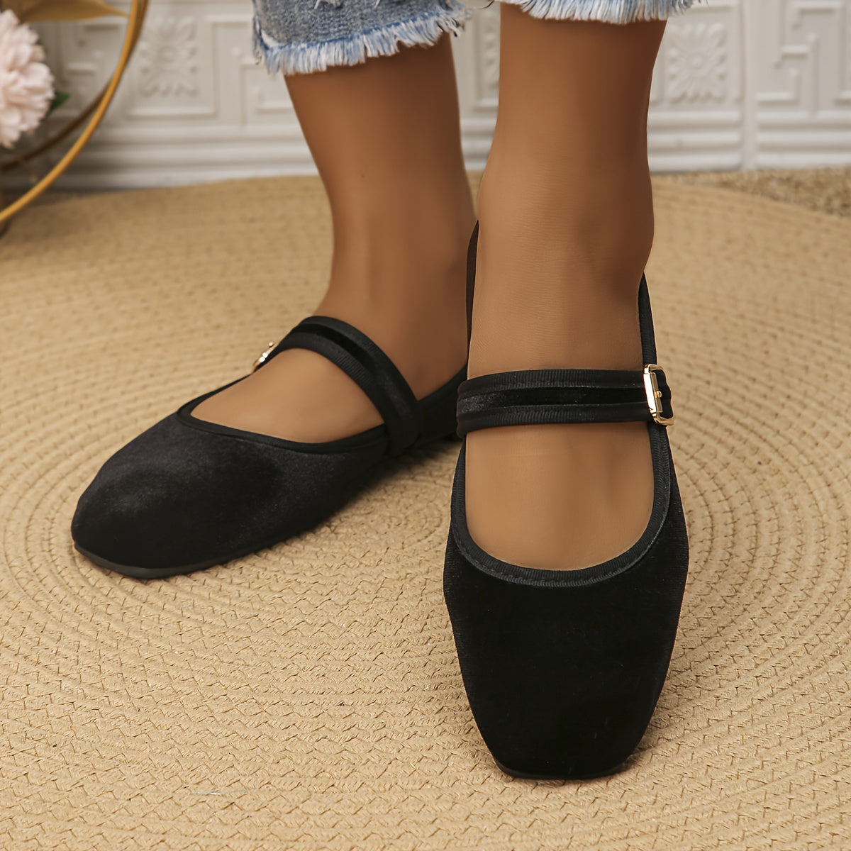 Women's Classic Mary Jane Flats with Buckle Closure - Round Toe Comfortable Casual & Semi-Formal Shoes, Black Solid Color, Soft Fabric Upper & Lining, Durable Rubber Sole, All-Season Versatile Everyday Footwear, Shoes for Women Comfortable, Ladies Shoes,