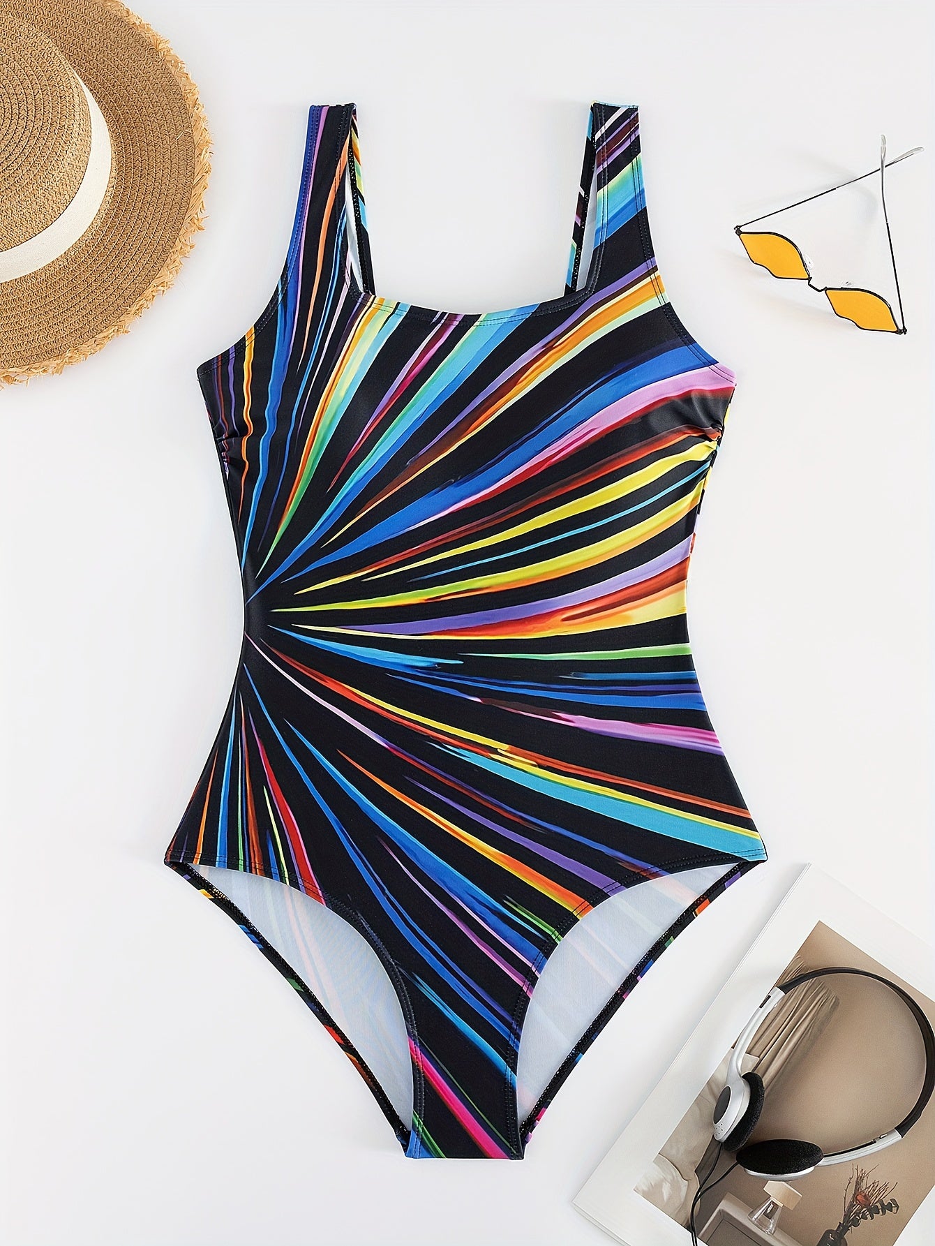 2023 Women's One-Piece Swimsuit - High Elasticity Square Neck Striped Swimsuit with Colorful Vertical Stripes, Hand Wash Only, Non-Transparent & Mature Style for Beach & Pool, High Waisted Swimsuit, Poolside Attire, Summer Swimwear, Highelasticity Fabric