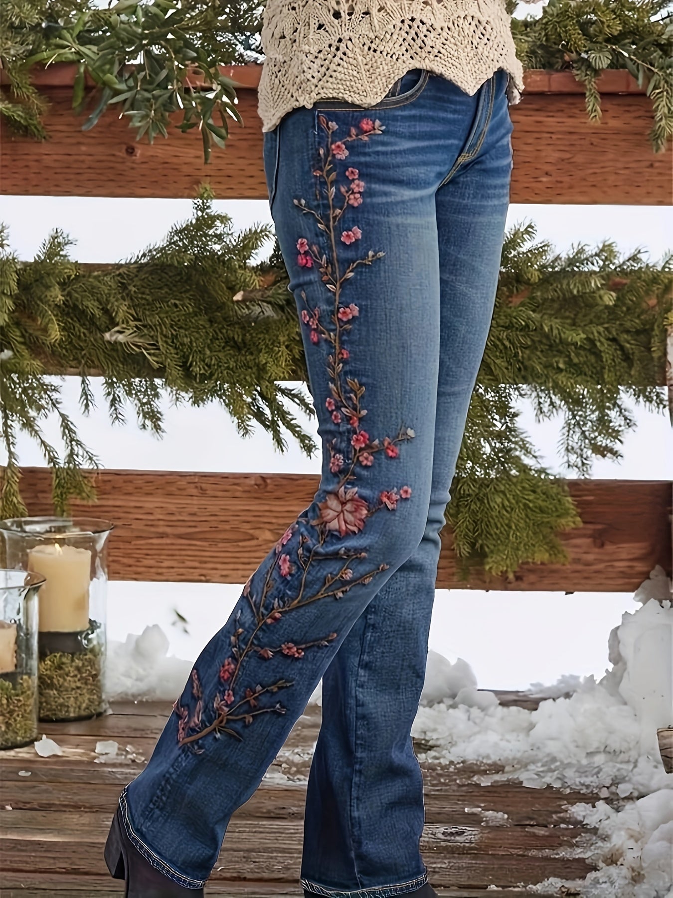 Women'S Vintage Floral Embroidered Blue Jeans - Stretch Denim with Intricate Pink & Red Floral Design, High-Waisted, All-Season Casual Wear, High Waisted Jeans
