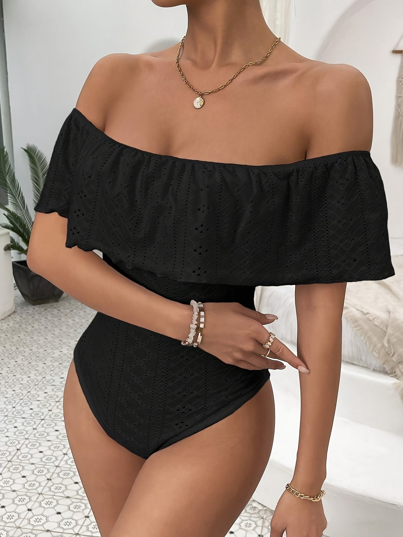 Layered Eyelet Off Shoulder Bodysuit, Vacation Style Short Sleeve Slim One-piece Bodysuit, Women's Clothing