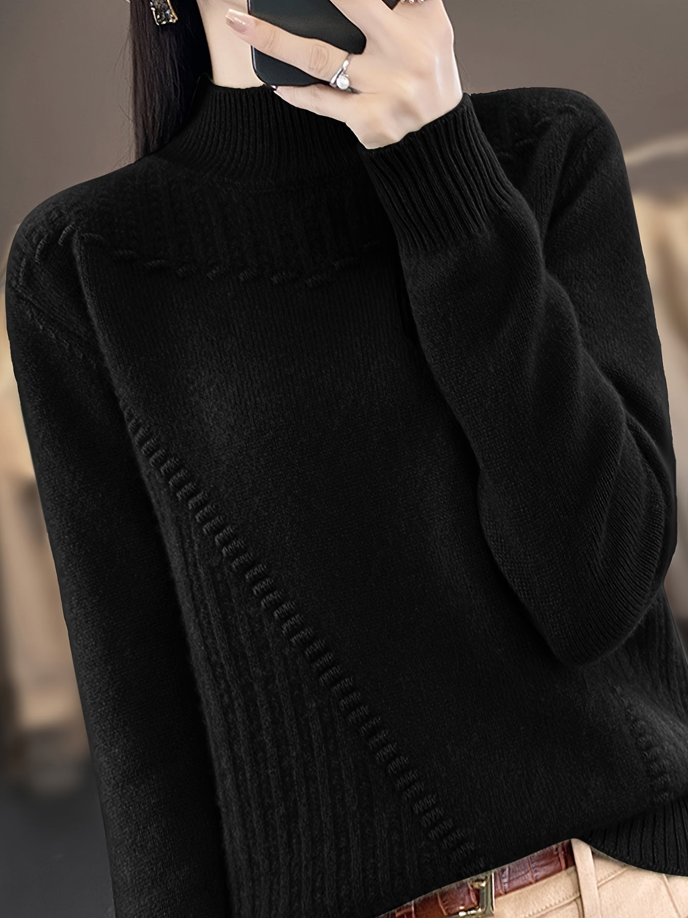 Plus Size Women's Half-Turtleneck Sweater - Soft Sleeve Pullover, Solid Black Casual Chic Top, Machine Washable All-Season Versatile Wardrobe, Everyday Pullover, Minimalist Design, Ribbed Texture
