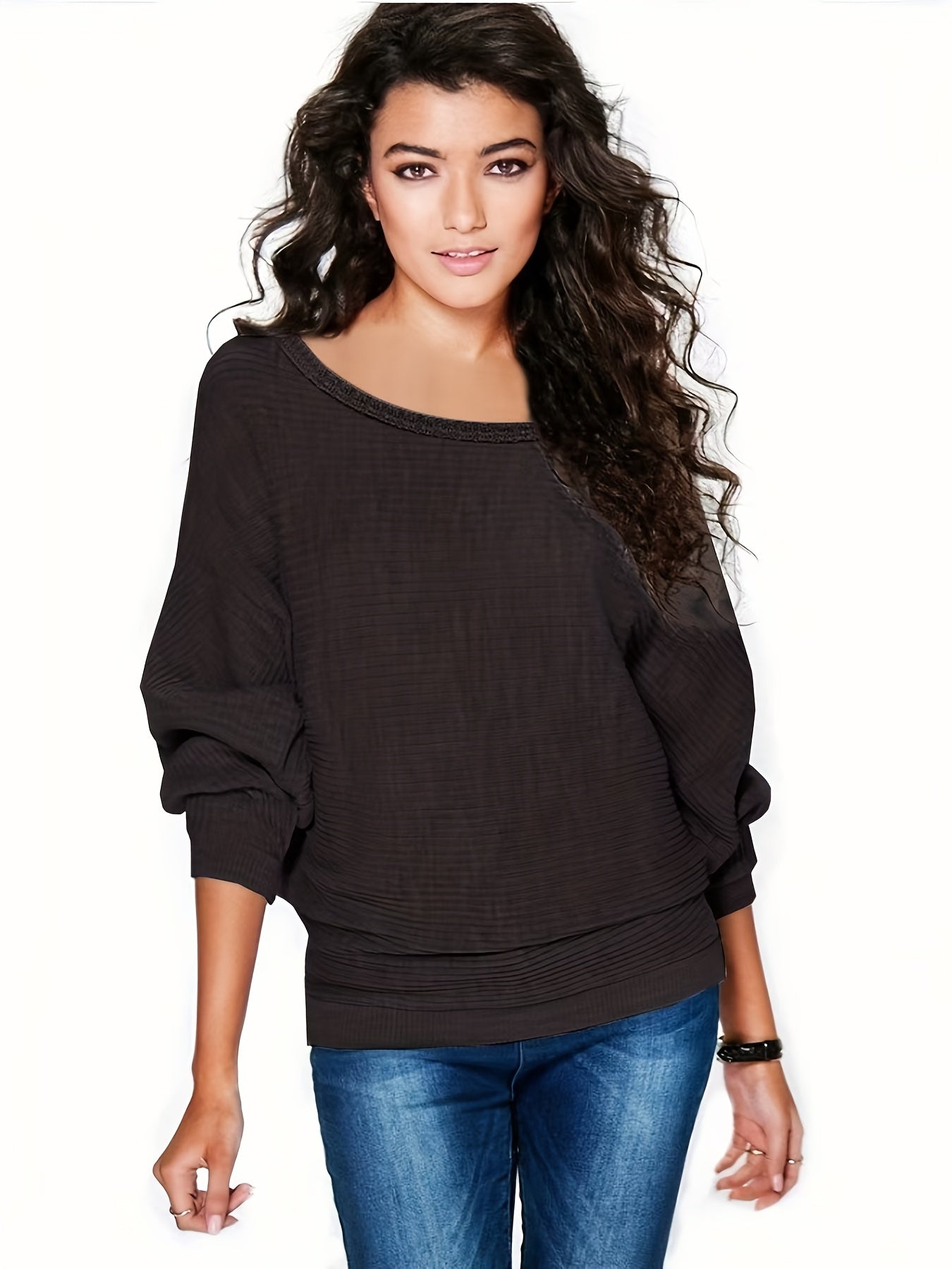 Women's Elegant Batwing Sleeve Sweater - Oversized Round Neck Long Sleeve Winter Warmth, Soft Medium Stretchy Brown Sweater for Fall & Winter, Casual to Semi-Formal Outfits (Machine Washable)