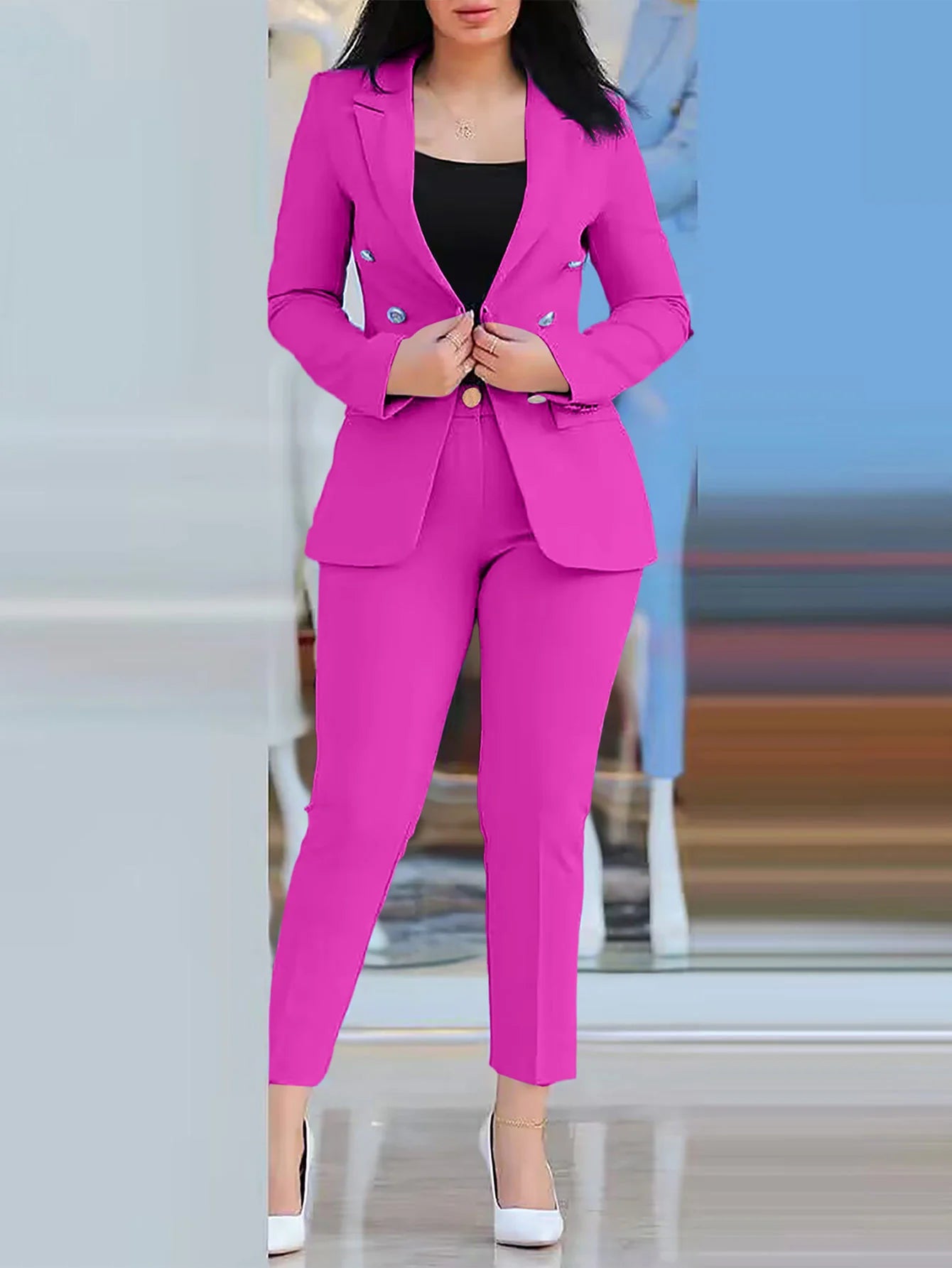 Women’S Blazer Set – Tailored Slim Fit – Double-Breasted – Ankle Length Trousers