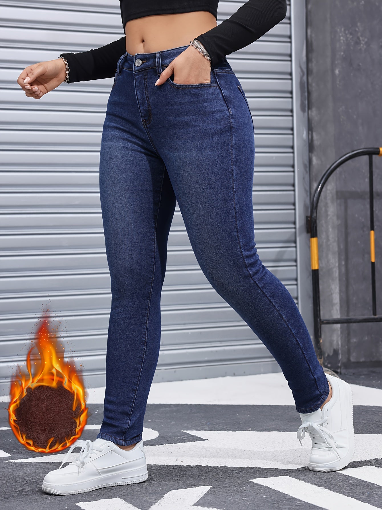 Women's High-Waisted Stretch Skinny Jeans with Fleece Lining - Winter Warmth, Slim-Fit Tummy Control, Blue Denim & Brown Belt Accent, Machine Washable for Casual & Semi-Formal Outfits (Fall/Winter)
