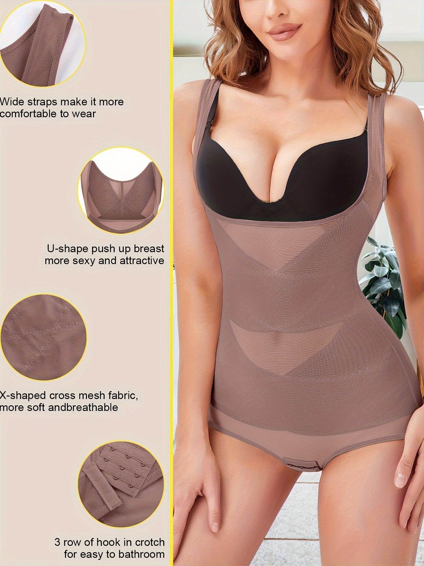 Women's Full Body Waist Trainer Corset Bodysuit - Tummy Control Shapewear with Butt Lifter, Open Back Zipper & Breathable Mesh Panels, Adjustable Hook-and-Eye Closure, 90% Polyester/10% Spandex, Brown/Black, Workout & Casual Attire