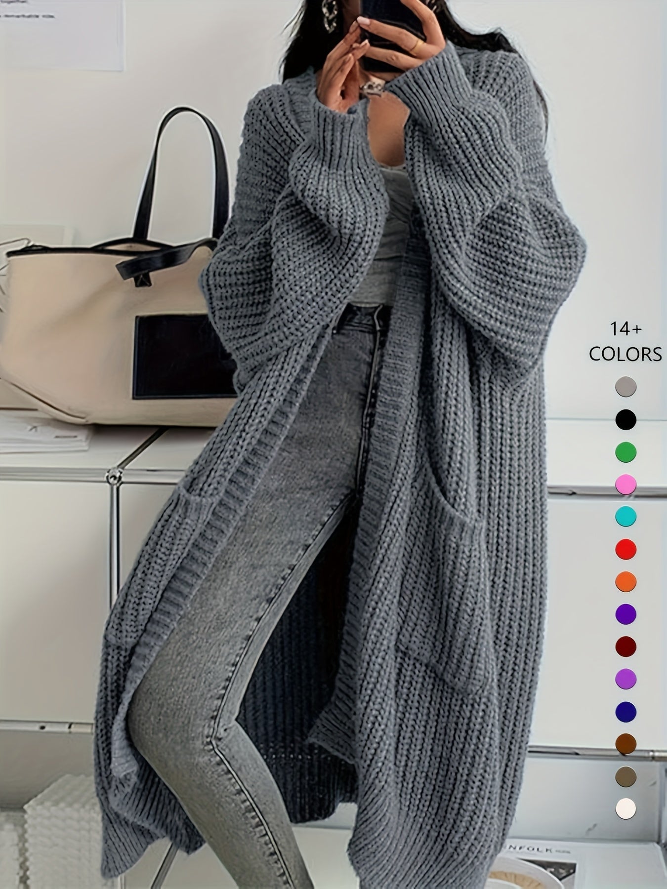 Women'S Oversized Y2K Cardigan - Long Sleeve, Open Front, Ribbed Knit with Pockets, Loose Fit, Long Length, Polyester, Perfect for Fall & Winter, Casual Wear | Oversized Cardigan | Glossy Texture, Cute Cardigan