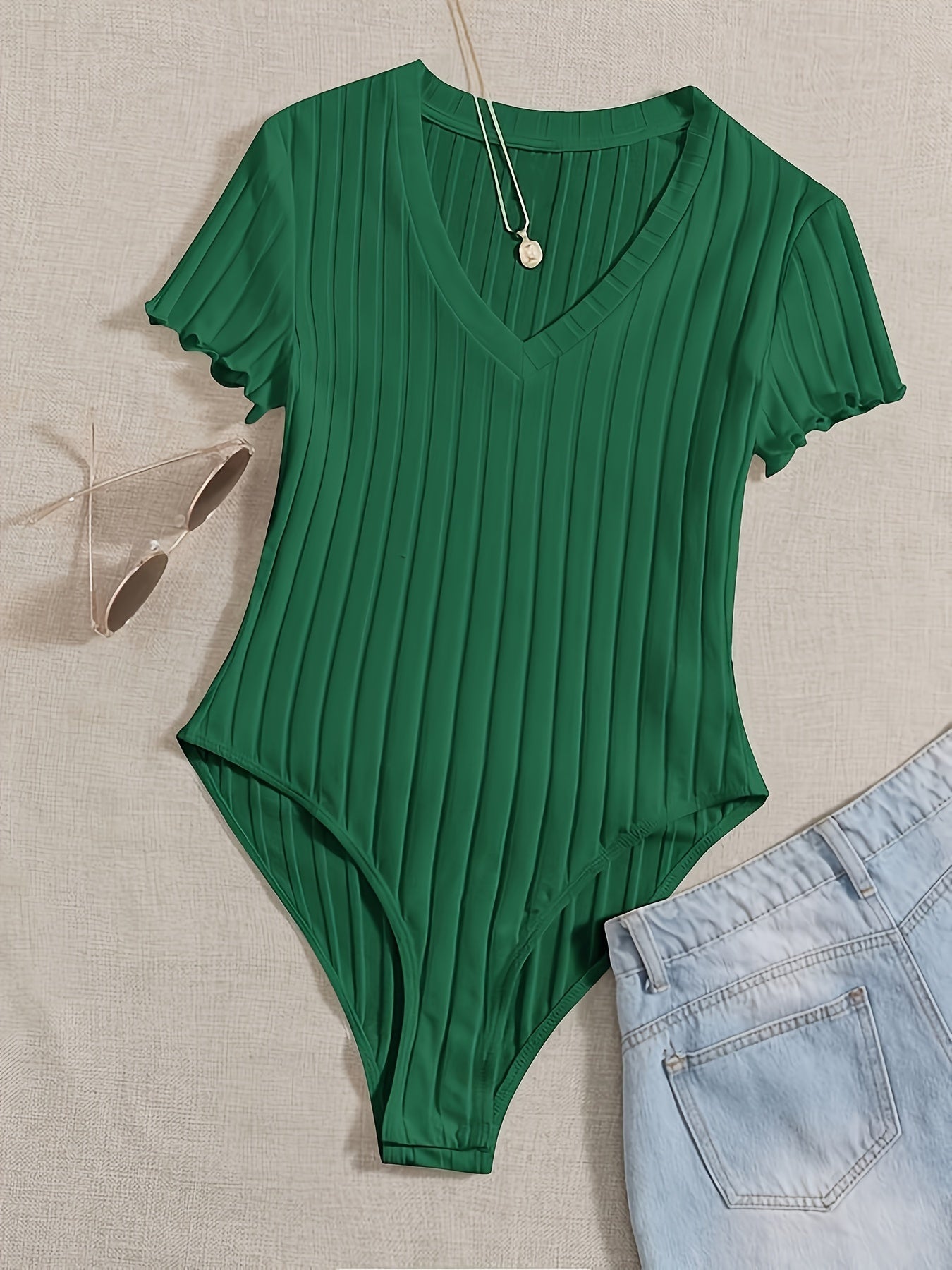 Solid V Neck Rib Knit Bodysuit, Casual Short Sleeve Fabric Bodysuit, Women's Clothing