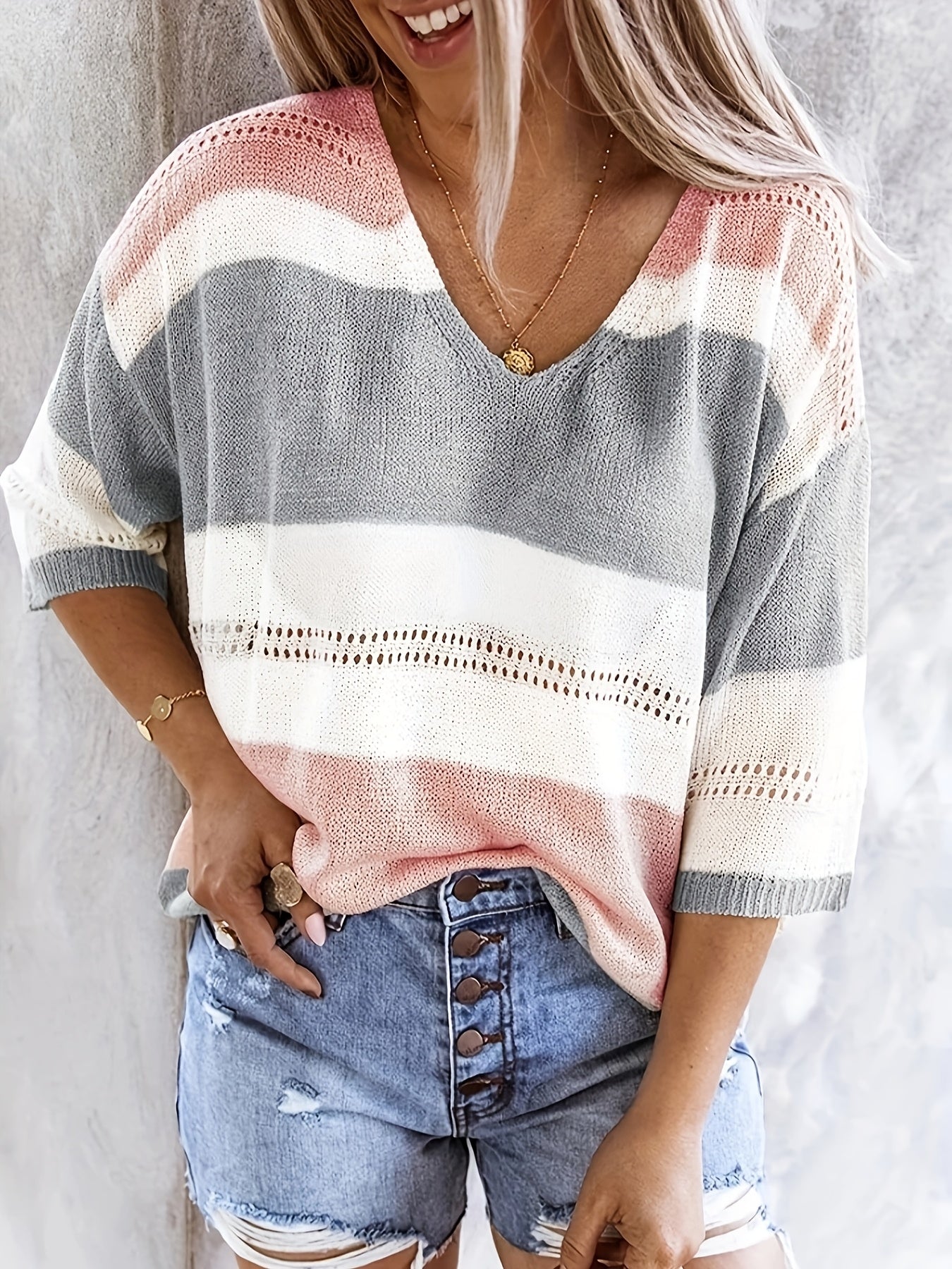 Women'S Casual V-Neck Sweater - Off-Shoulder, Striped Knit Top with Hollow Detail, Perfect for Spring/Summer, Light Gray & Pink, Ladies Sweaters