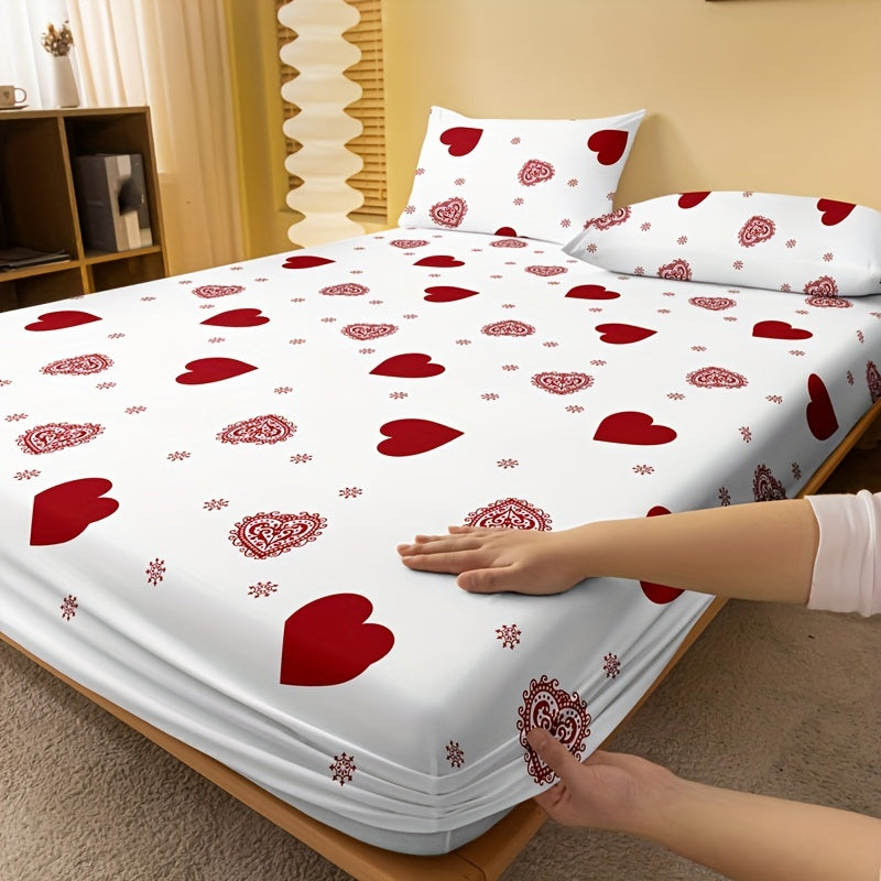 1pc Love Print Brushed Fitted Sheet, Soft Comfortable Bedding Mattress Cover, For Bedroom Guest Room Student Dorm, With Deep Pocket, Fitted Bed Sheet Only