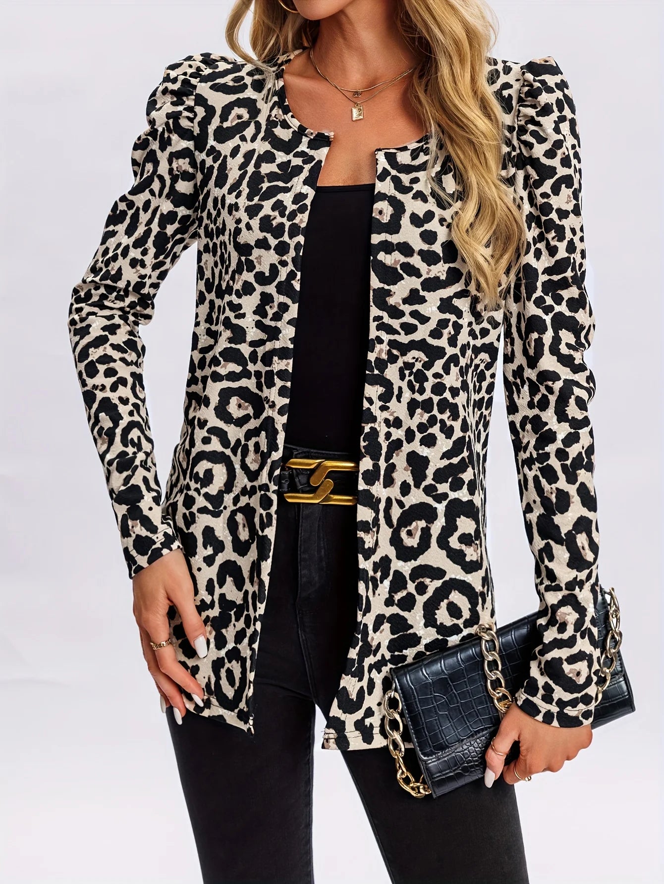 Women'S Leopard Print Blazer - Long Sleeve - Open Front - Tailored Fit - Structured Shoulders