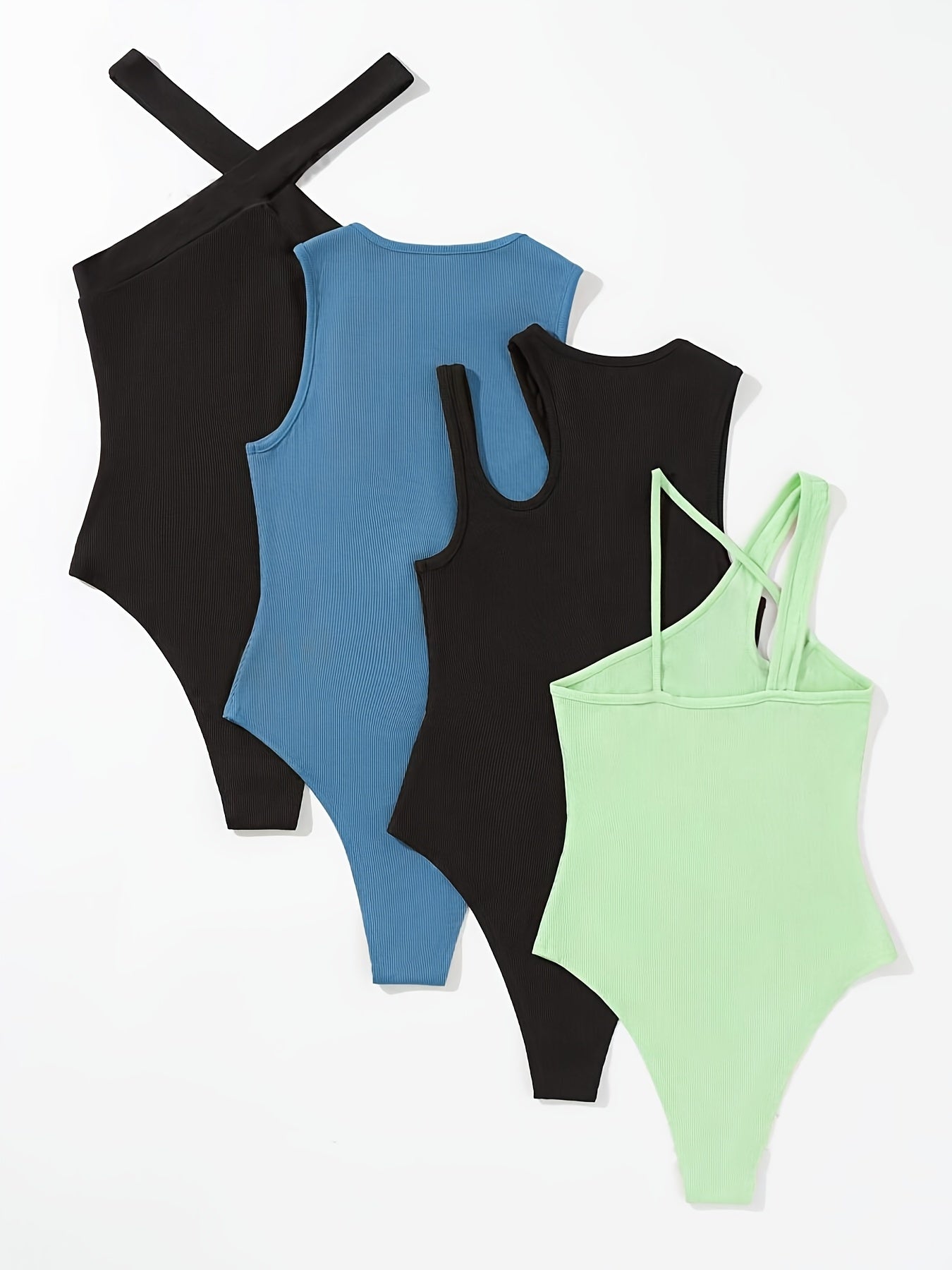 A Four-Piece Women'S Casual Fashion Set Featuring a Sleeveless Round-Neck Cross-Strap Tank Top, Irregular Solid Color, Soft And Comfortable, Fitted with Small Ribbed Bodysuit Top.