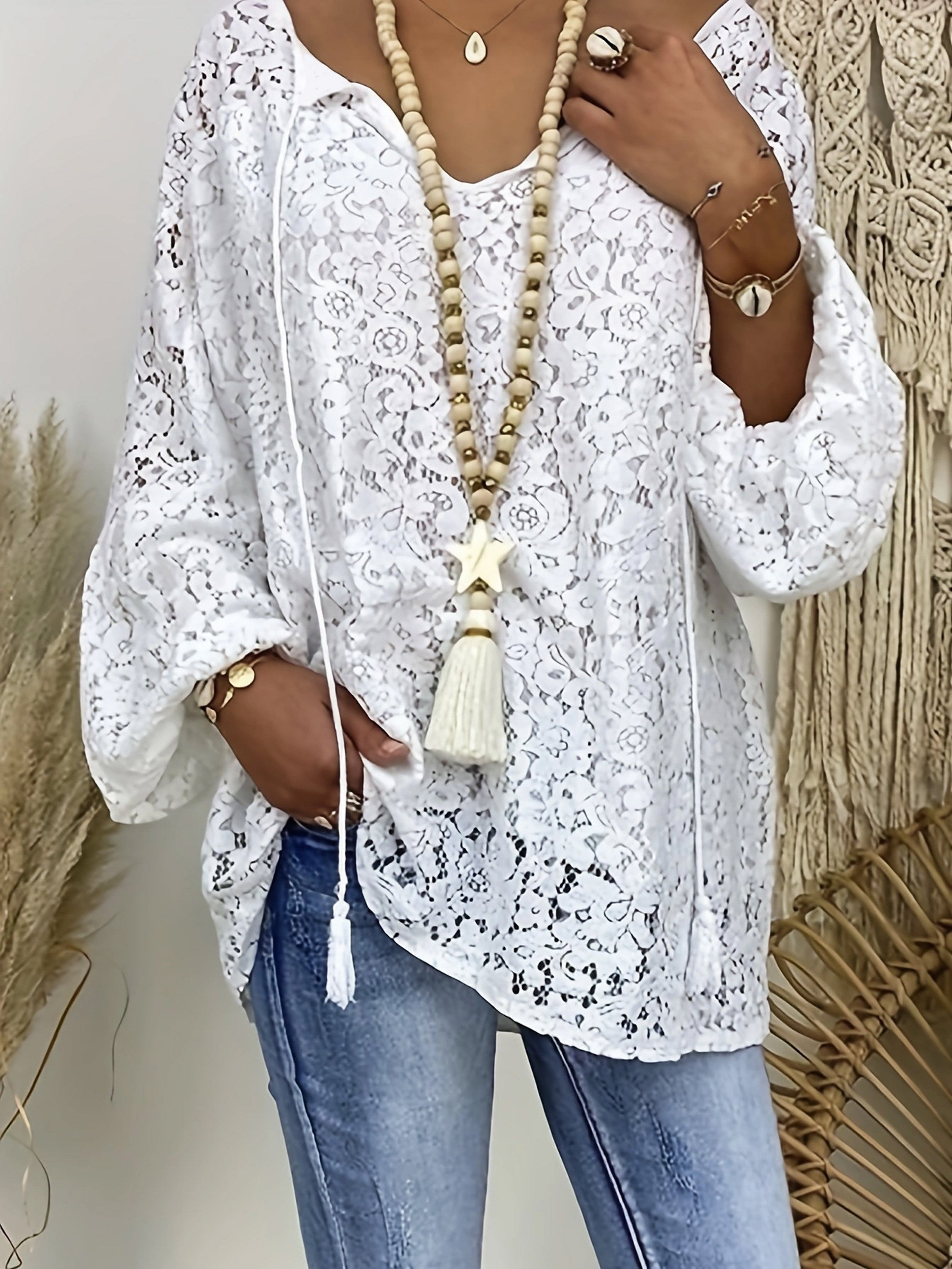Plus Size Boho Bluse Med V Hals Og Frynseærmer Hverdag