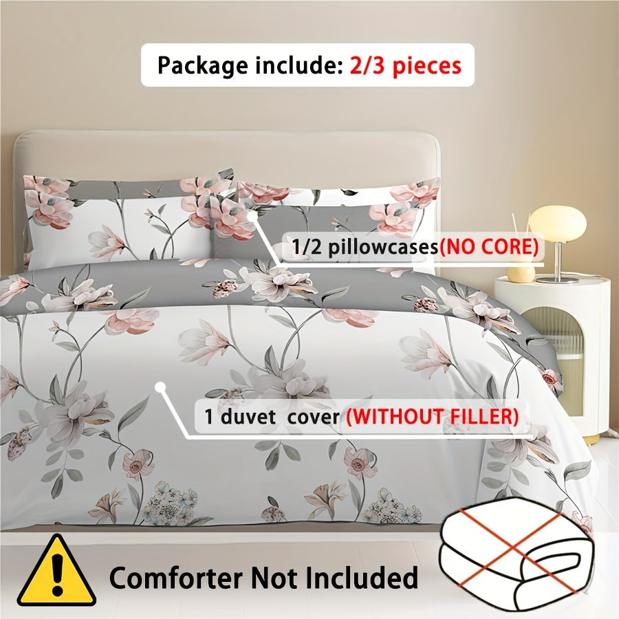 2/3pcs Flower Duvet Cover Kit (duvet Cover*1, Pillowcase*1/2, Pillow Insert And Duvet Insert Not Included) Available In All Seasons, Washable AB Face Design, Comfortable And Skin Friendly, Suitable For Bedroom, Dorm, Fresh And Breathable