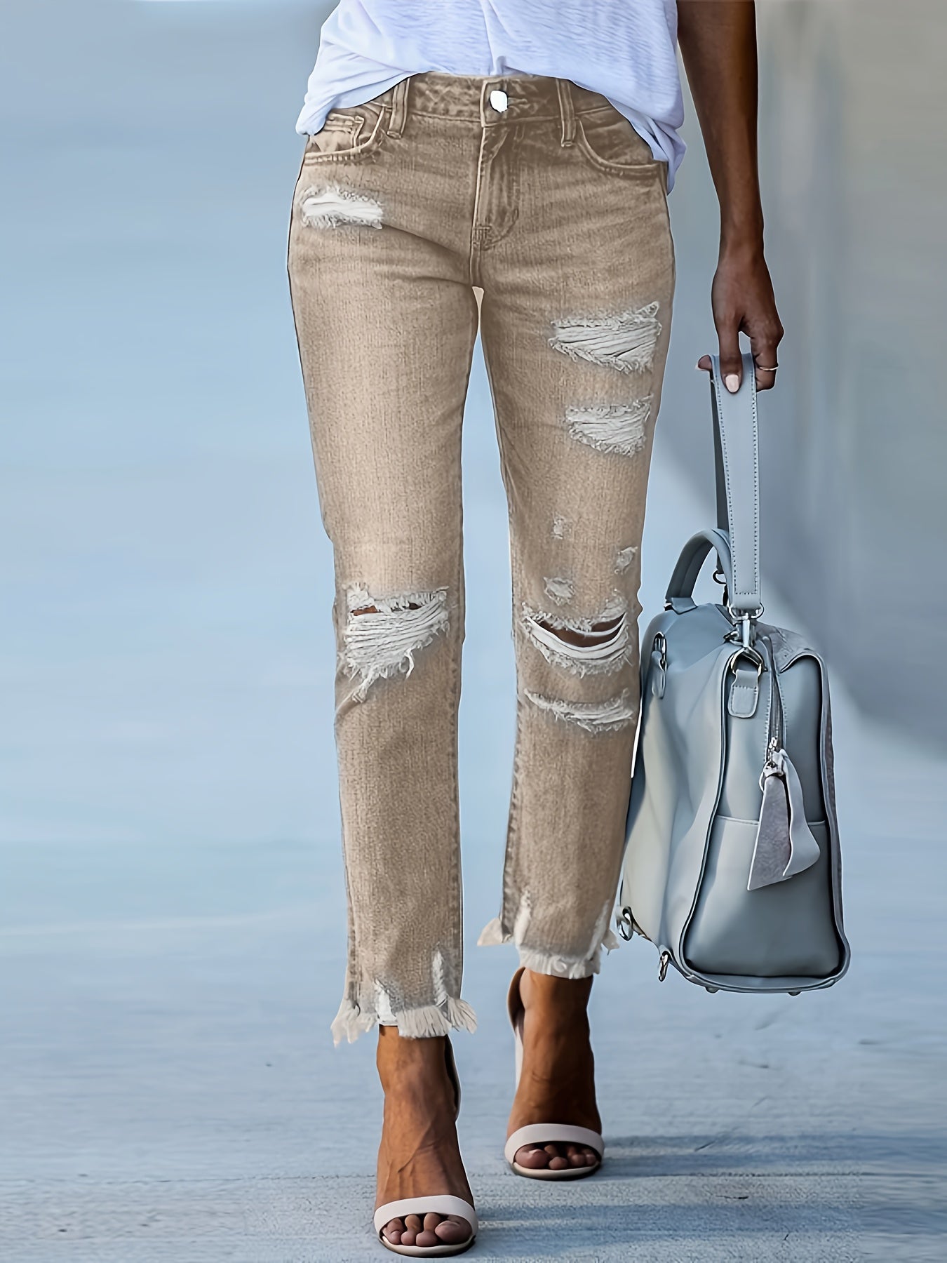 Women'S Stretchy Ripped Denim Cropped Jeans - Slim Fit, Mid-Rise, Casual Street Style with Pockets, All-Season Comfort, Dark Wash, Midrise Jeans