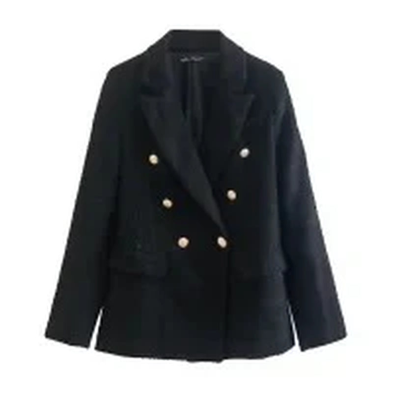 Women’S Tweed Blazer – Tailored Fit – Double Breasted – Peak Lapels – Flap Pockets