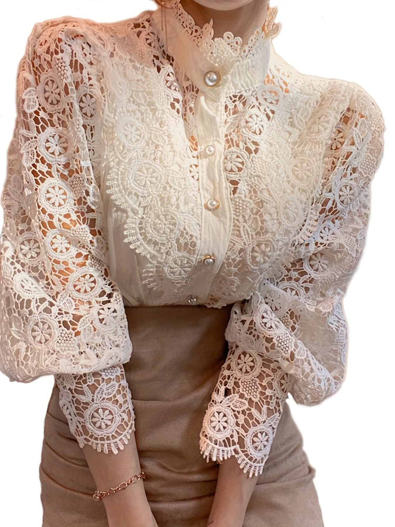 Women's Victorian Shirt - Elegant Blouse with Lace Sleeve cuffs, Vintage Button-Up Blouse for Wedding, Office, Party - Non-Stretch Formal Top (Hand Wash/Dry Clean) - Elegant Ladies Blouse, Wedding Guest Attire, Classic Collar Design, Intricate Lace Detai