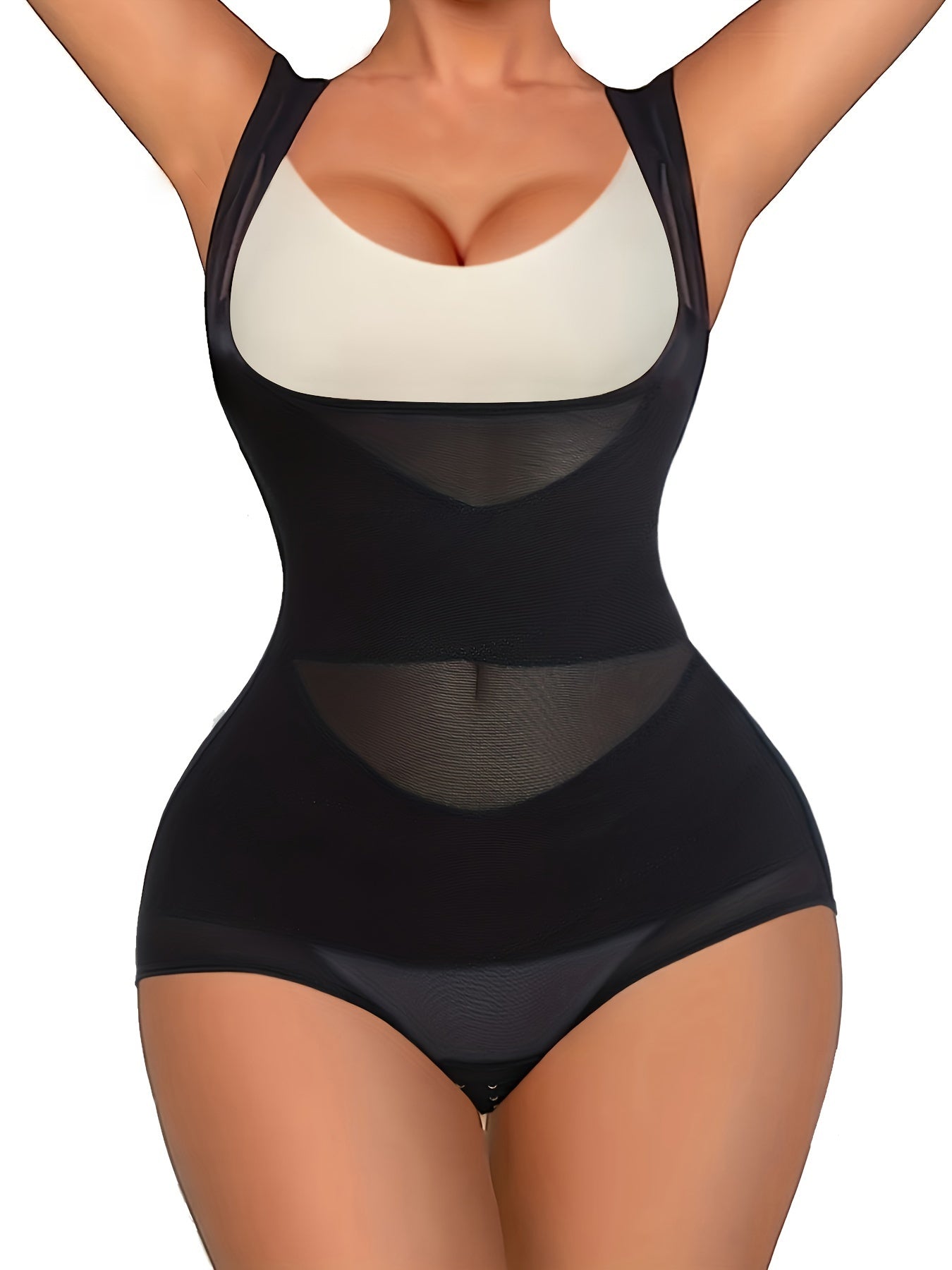 Rolewpy Women'S Sheer Mesh Shapewear Bodysuit - Tummy Control Butt Lifting Corset with Adjustable Straps, Breathable Comfort Fit for Workout & Casual Attire, Black, Tummy Control Shapewear, Posture Support, Sleek Design, Smooth Texture