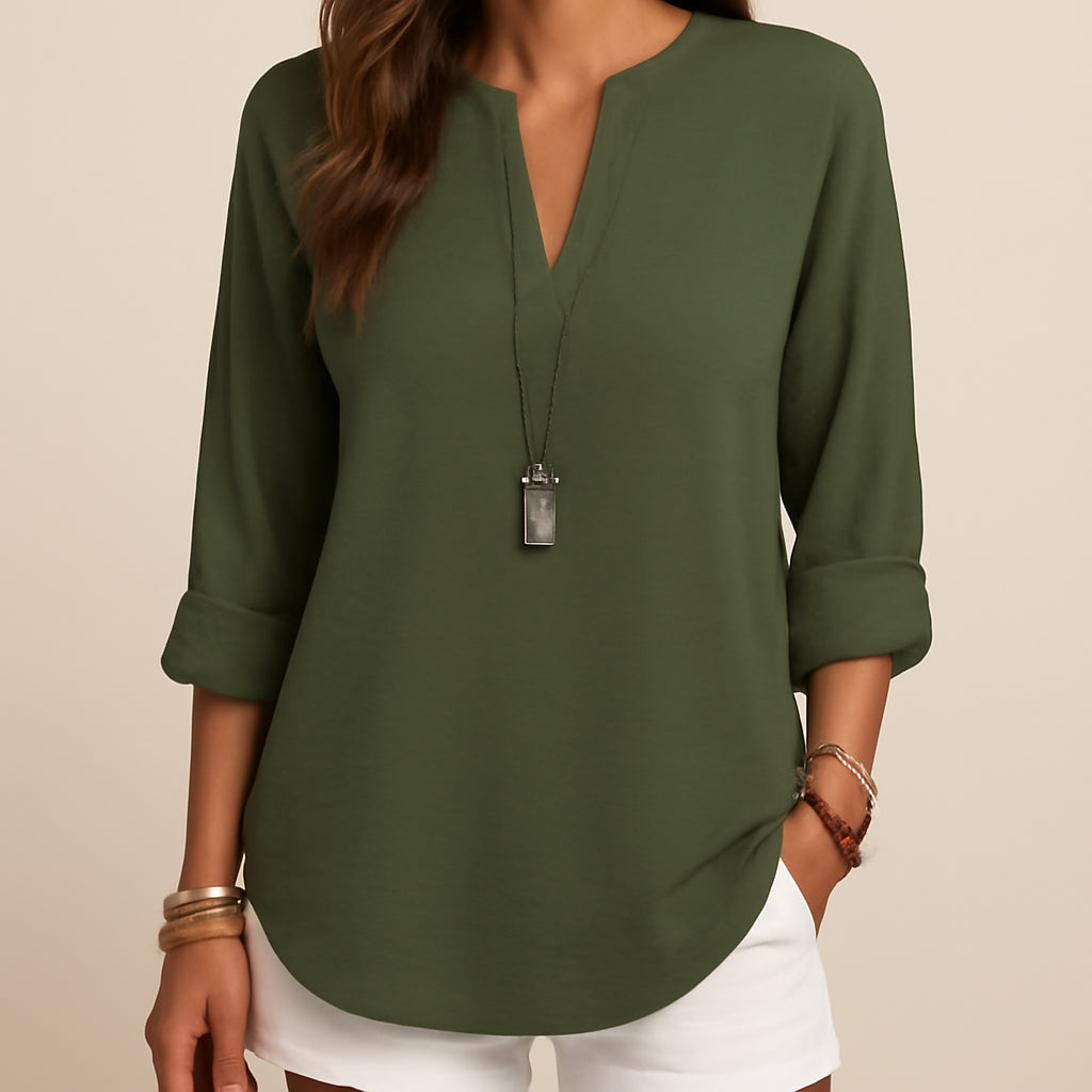 Olivengrøn V Hals Bluse Løs Pasform Langærmet Casual