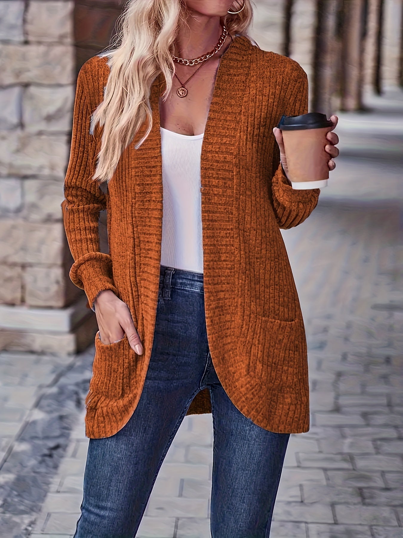 Elegant Directional Style + Fashionable Loose Casual Solid Color Ribbed Pocket Patchwork Long Sleeve Top