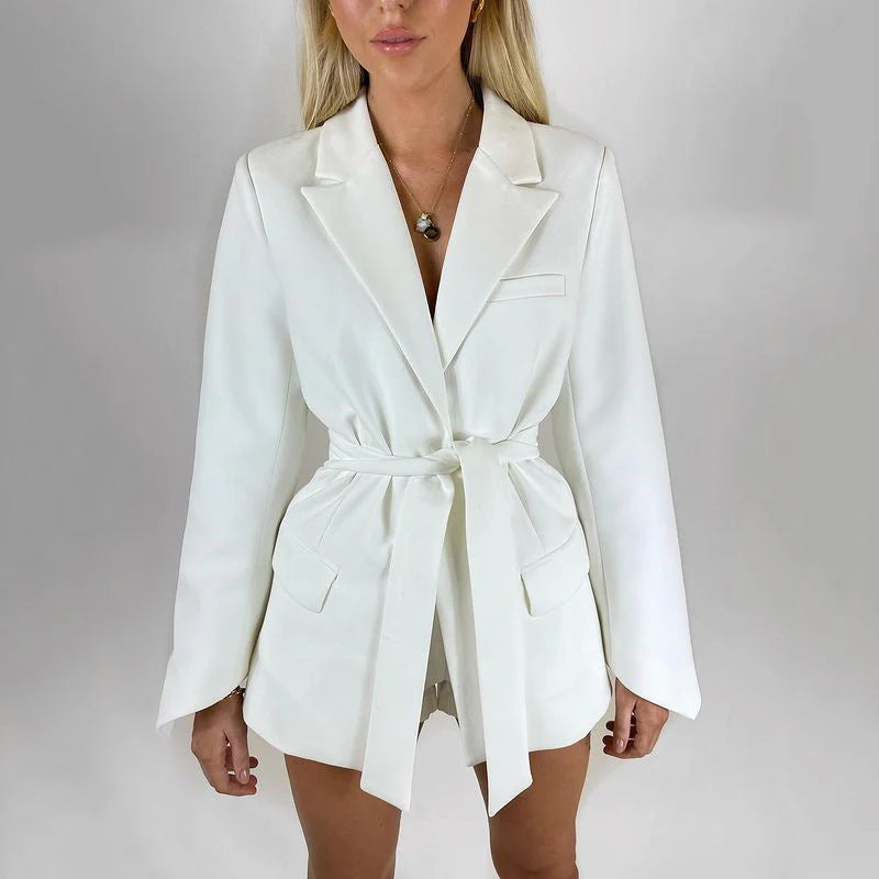 Women’S Blazer – Tailored Fit – Longline Silhouette – Self-Tie Waist – Notched Lapel