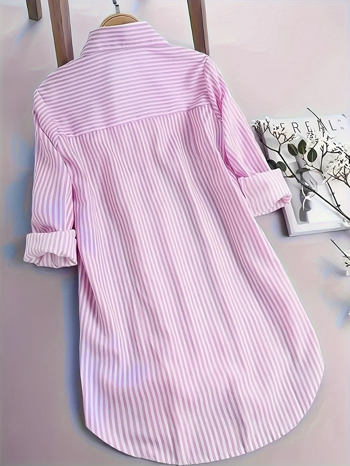Stripe Print Button Front Blouse, Casual Long Sleeve Blouse For Spring & Fall, Women's Clothing