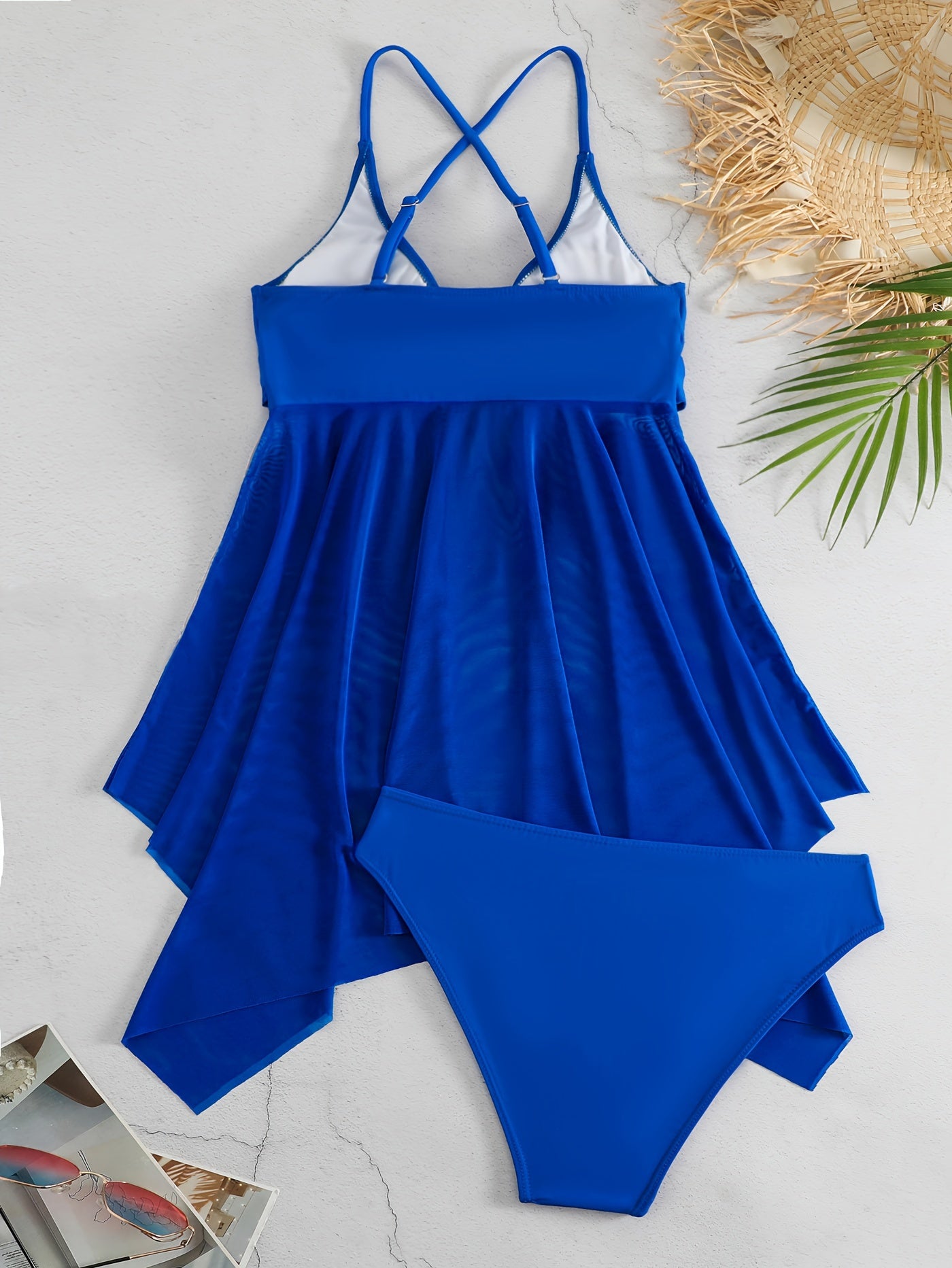 Plain Mesh Contrast Criss Cross Skirted 2 Piece Set Bikini, Scoop Neck Spaghetti Strap Twist Solid Color Swimsuit For Beach Pool Bathing, Women's Swimwear & Clothing Valentine's Day