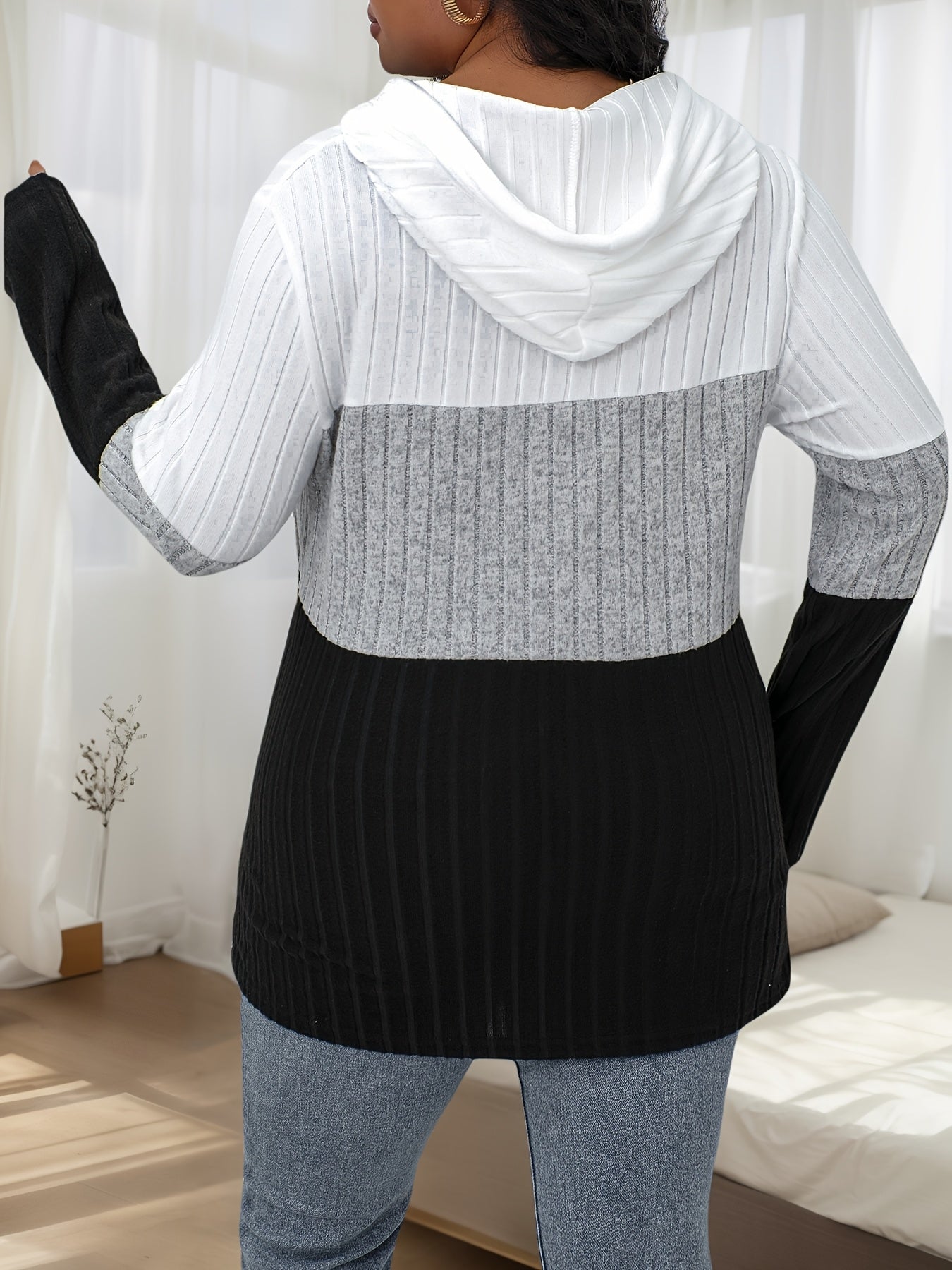 Plus Size Color Block Hoodie, Casual Zipper Drawstring Long Sleeve Hoodie, Women's Plus Size Clothing