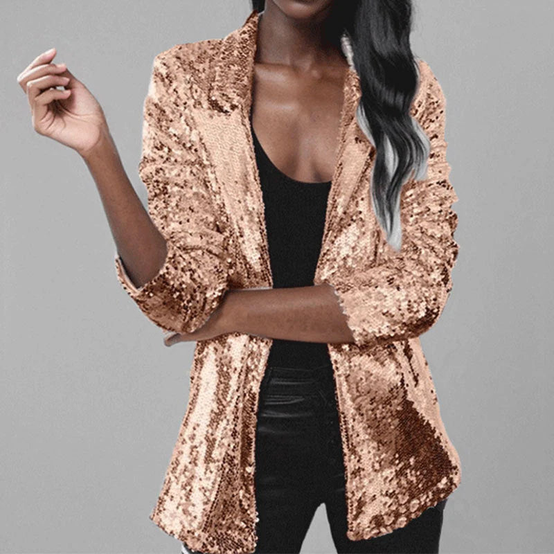 Women’S Blazer – Sequin Embellished – Tailored Fit – Open Front Notch Lapel – Full Sleeve