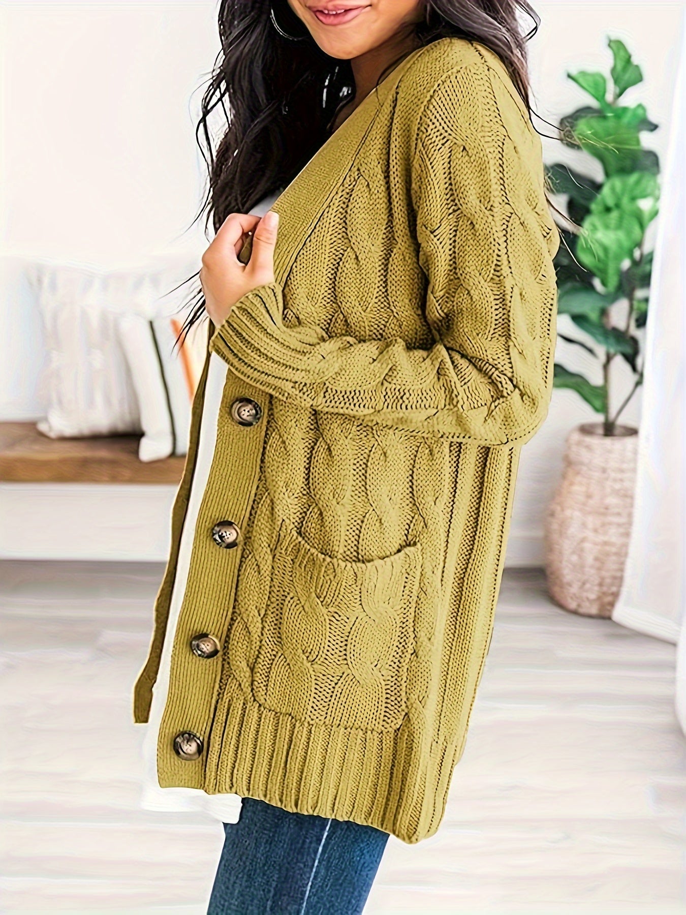 Women'S Long Sleeve Cable Knit Cardigan - Olive Green, V-Neck with Buttons, Loose Fit, Fall/Winter Fashion, Polyester, Casual Wear Cardigan | Cable Knit Texture | Knit Texture, Cute Cardigan