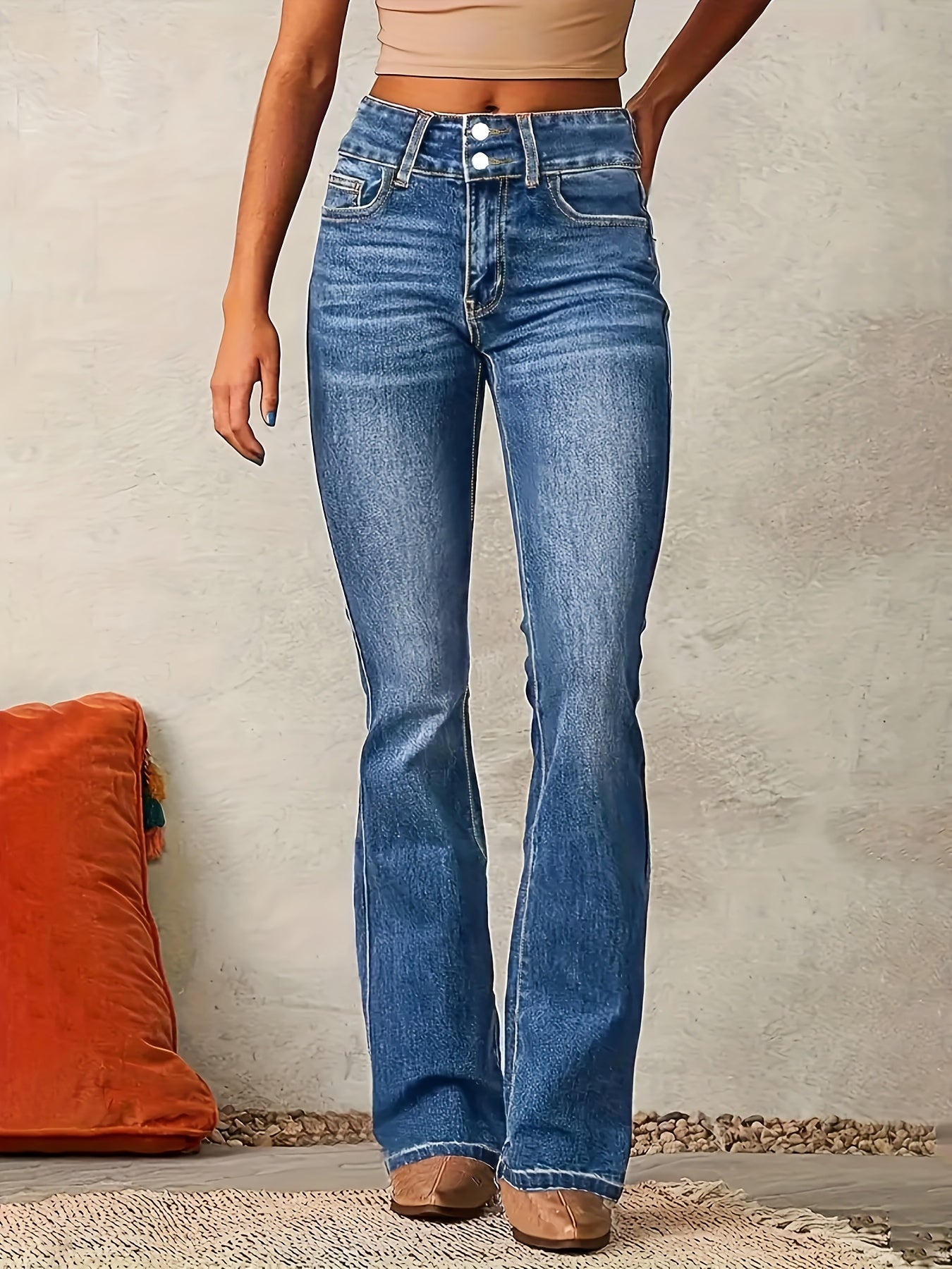 Women's Fashion Stretch Slim Fit Double Button Flared Jeans