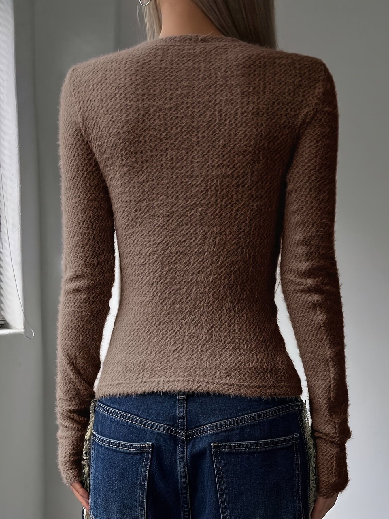 Women'S Cozy Crew Neck Sweater - Soft Long Sleeve Pullover, Solid White, Casual Spring/Fall Top with Button Detail, Perfect for Casual Attire, Sweater Shrug