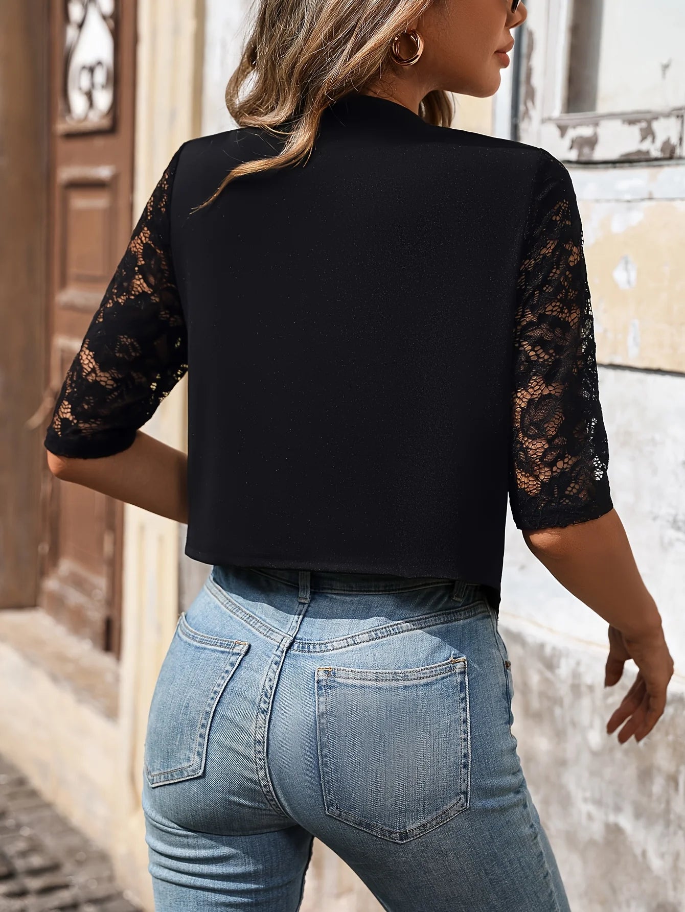 Women'S Blazer - Tailored Fit - 3/4 Lace Sleeves - Open Front Elegant Design