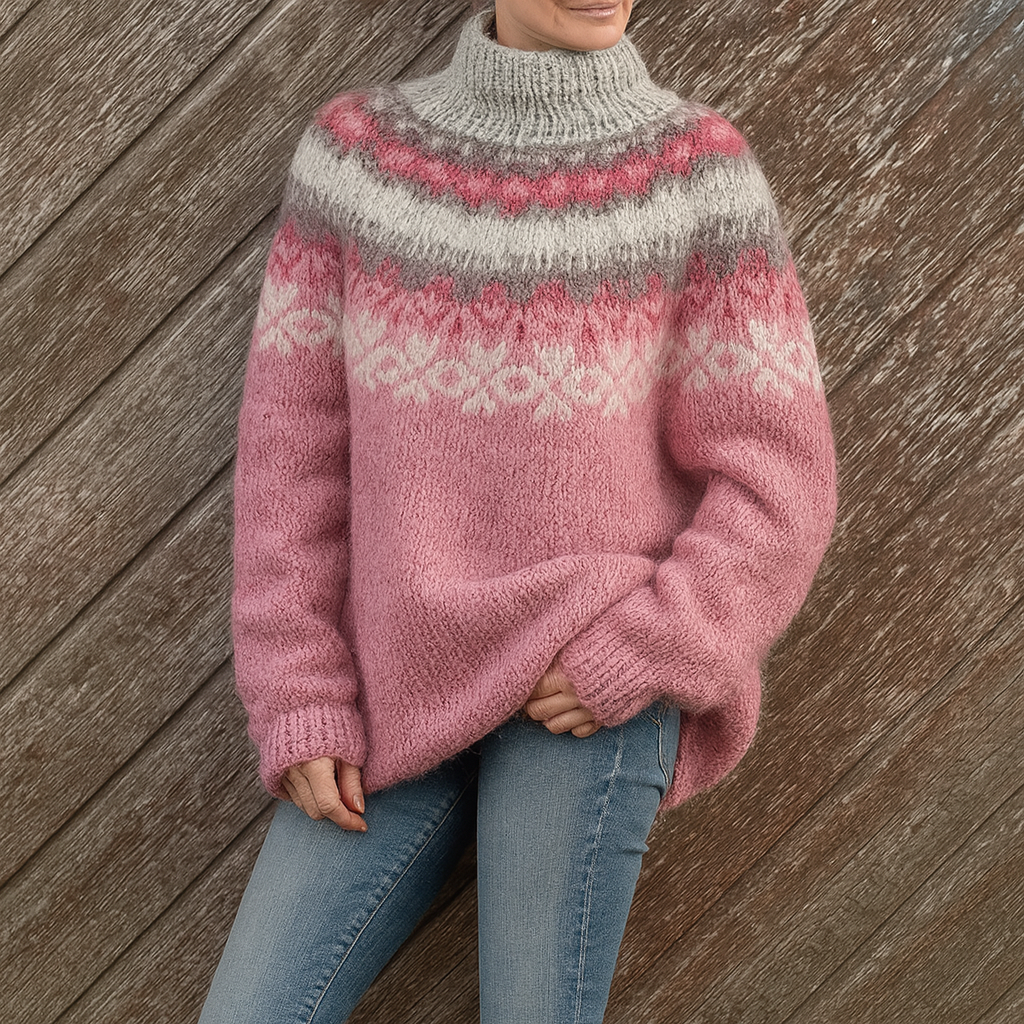 Knitted sweater side view showing Fair Isle pattern women