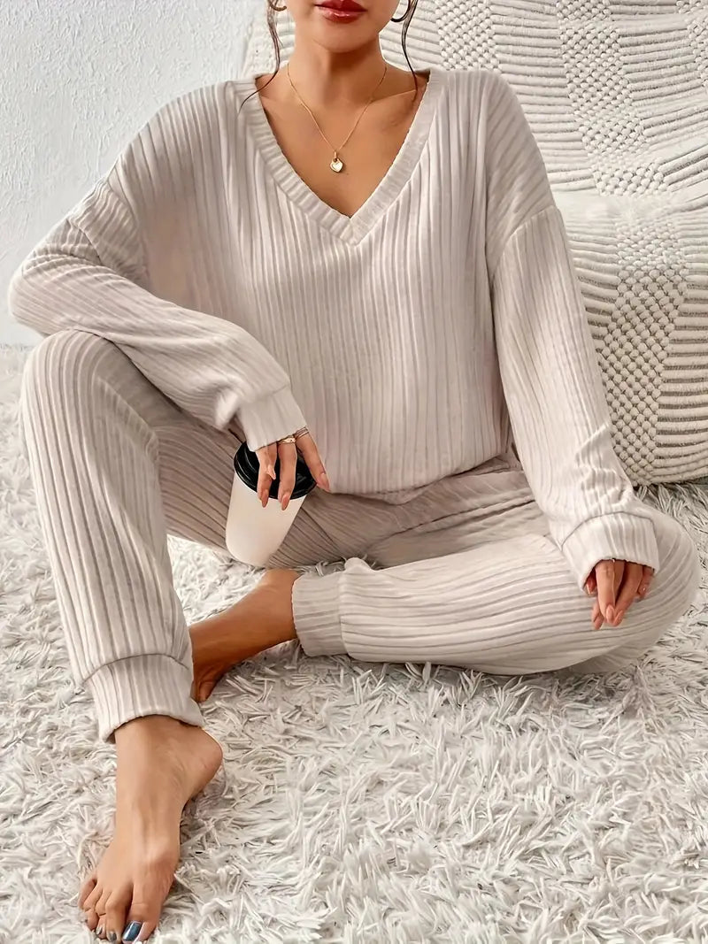Dam loungewear set ribbad V-ringad topp och joggerbyxor 3