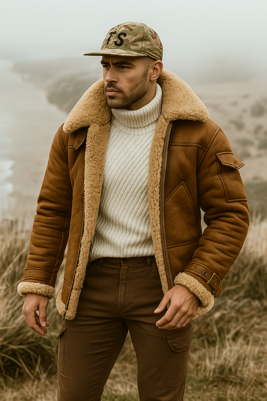 Synthetic leather aviator jacket with relaxed fit for men