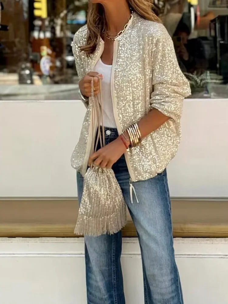 Women'S Sequin Blazer Jacket Long Sleeve Zip-Up Lightweight Outerwear