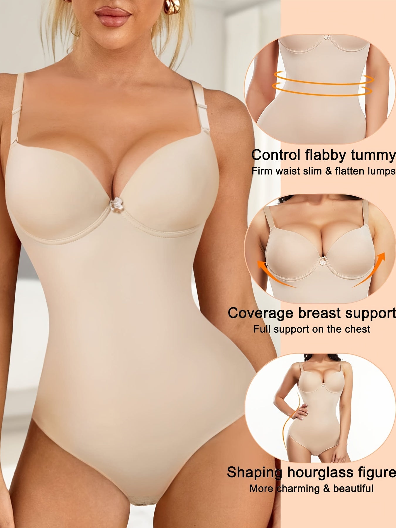 Solid Slip Shaping Bodysuit, Push Up Tummy Control Slimming Body Shaper, Women's Underwear & Shapewear