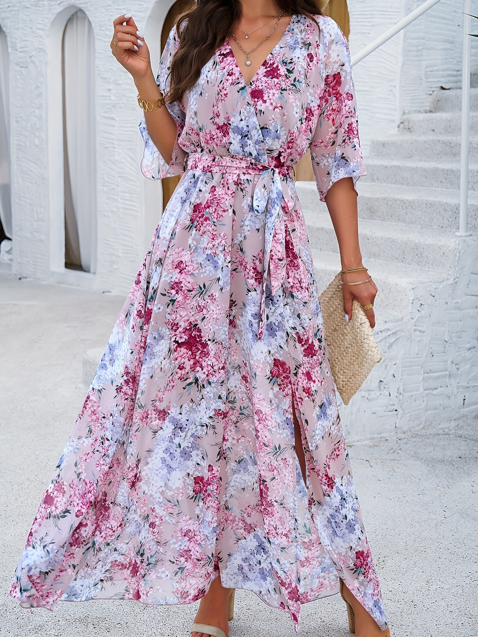 Floral Print V Hals Midi Kjole Med Bælte Lange Ærmer