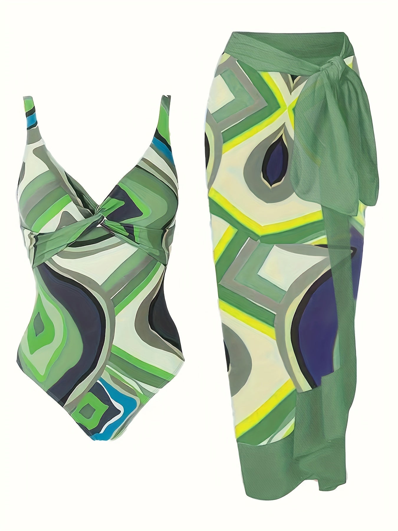 Women'S Boho Chic Two-Piece Swimsuit with V-Neck and Removable Padding - High Stretch, Geometric Pattern, Strapless, Lash Sets for Beachwear, Plus Size